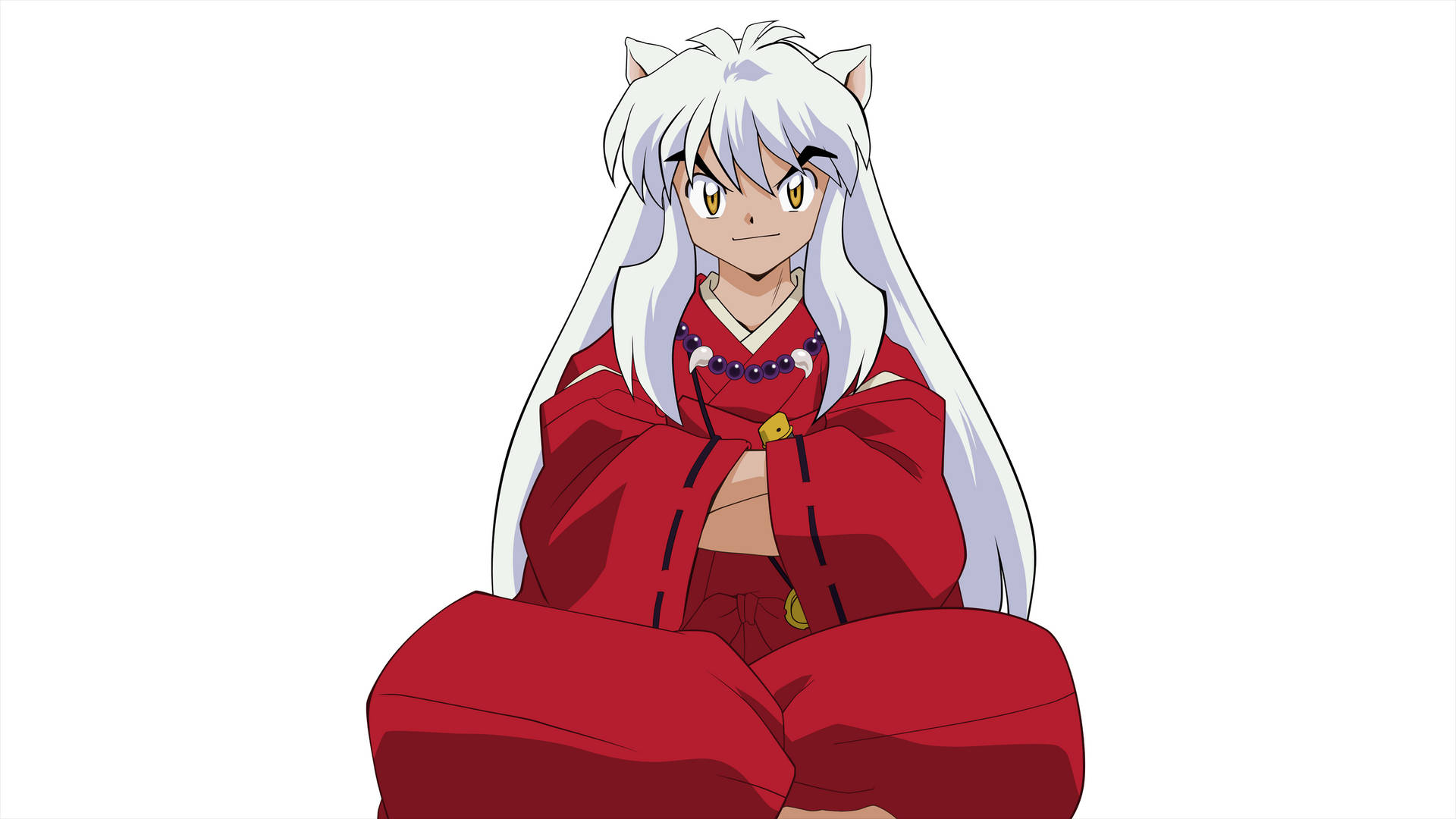 動漫角色犬夜叉，身穿紅色和服，盤腿而坐，白髮狗耳。