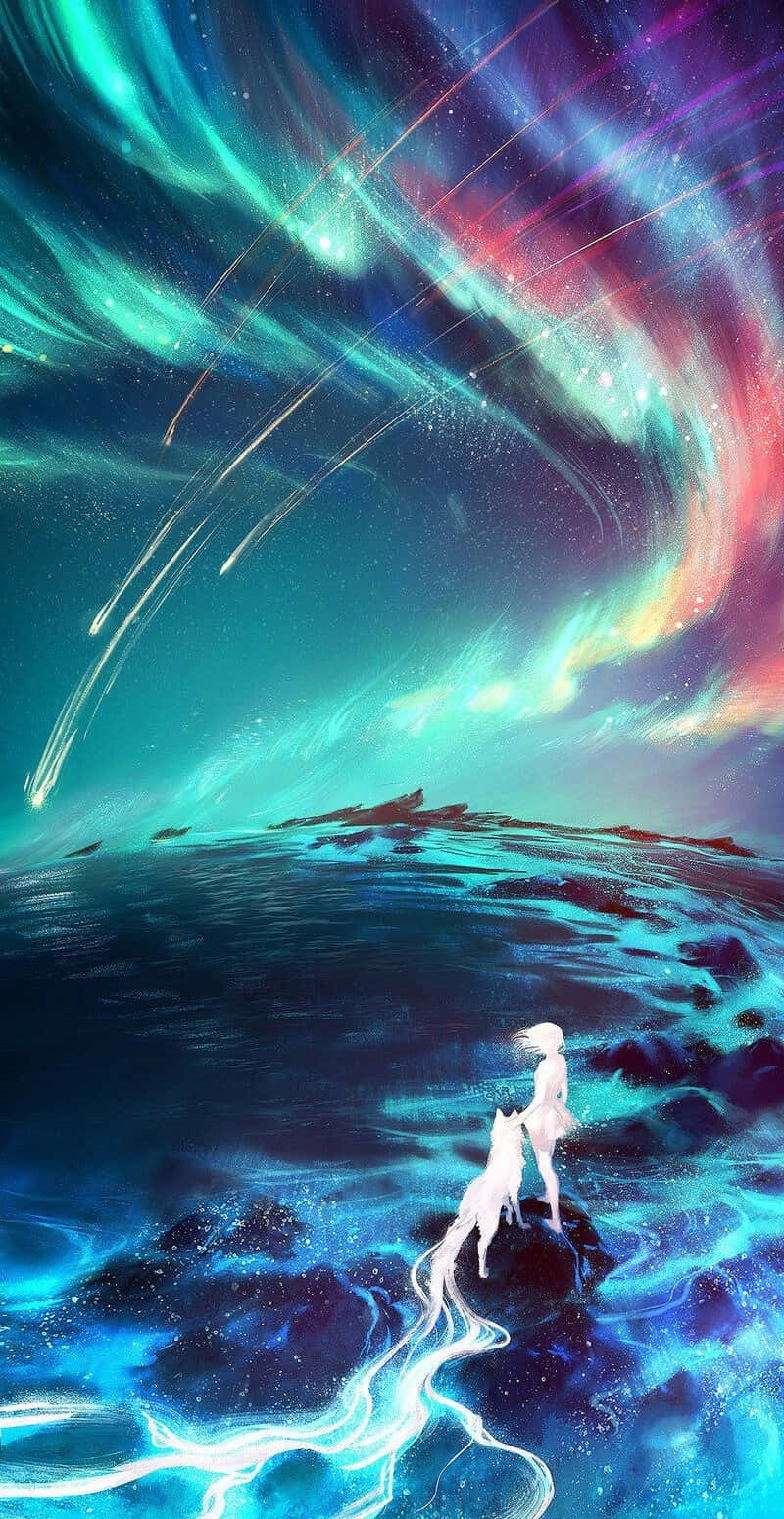 一個白色身影和狐狸凝視著宇宙景觀中充滿活力的極光。
