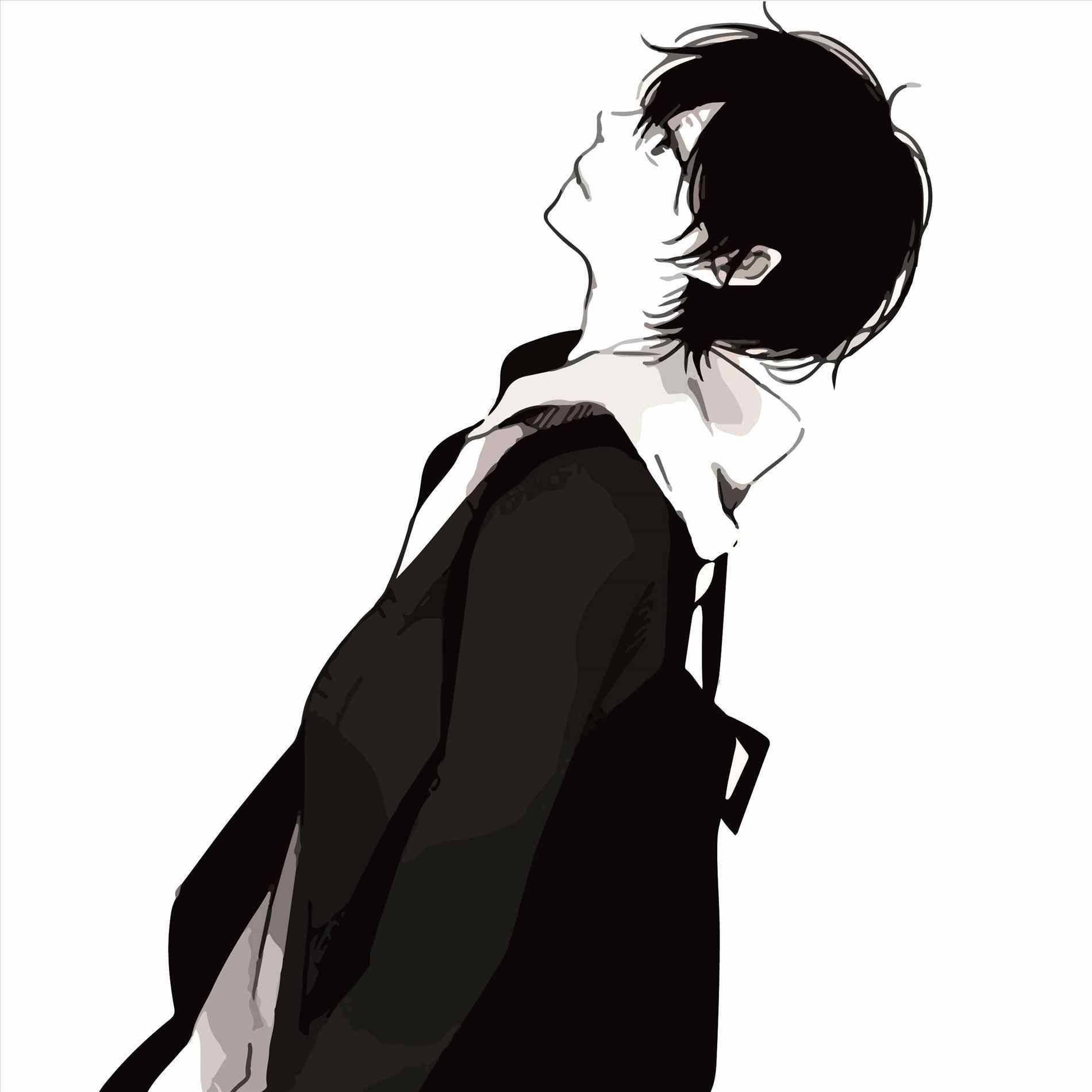 與獨自傷心的動漫男孩共度憂鬱時刻 壁紙 — 一幅黑白動漫風格肖像，年輕男子側面向上望，頭髮蓬鬆，身穿深色外套。