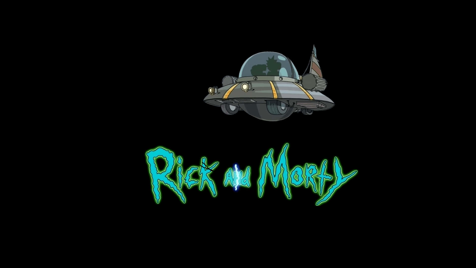 Rick and Morty 太空船標誌，黑色背景上帶有發光的綠色文字