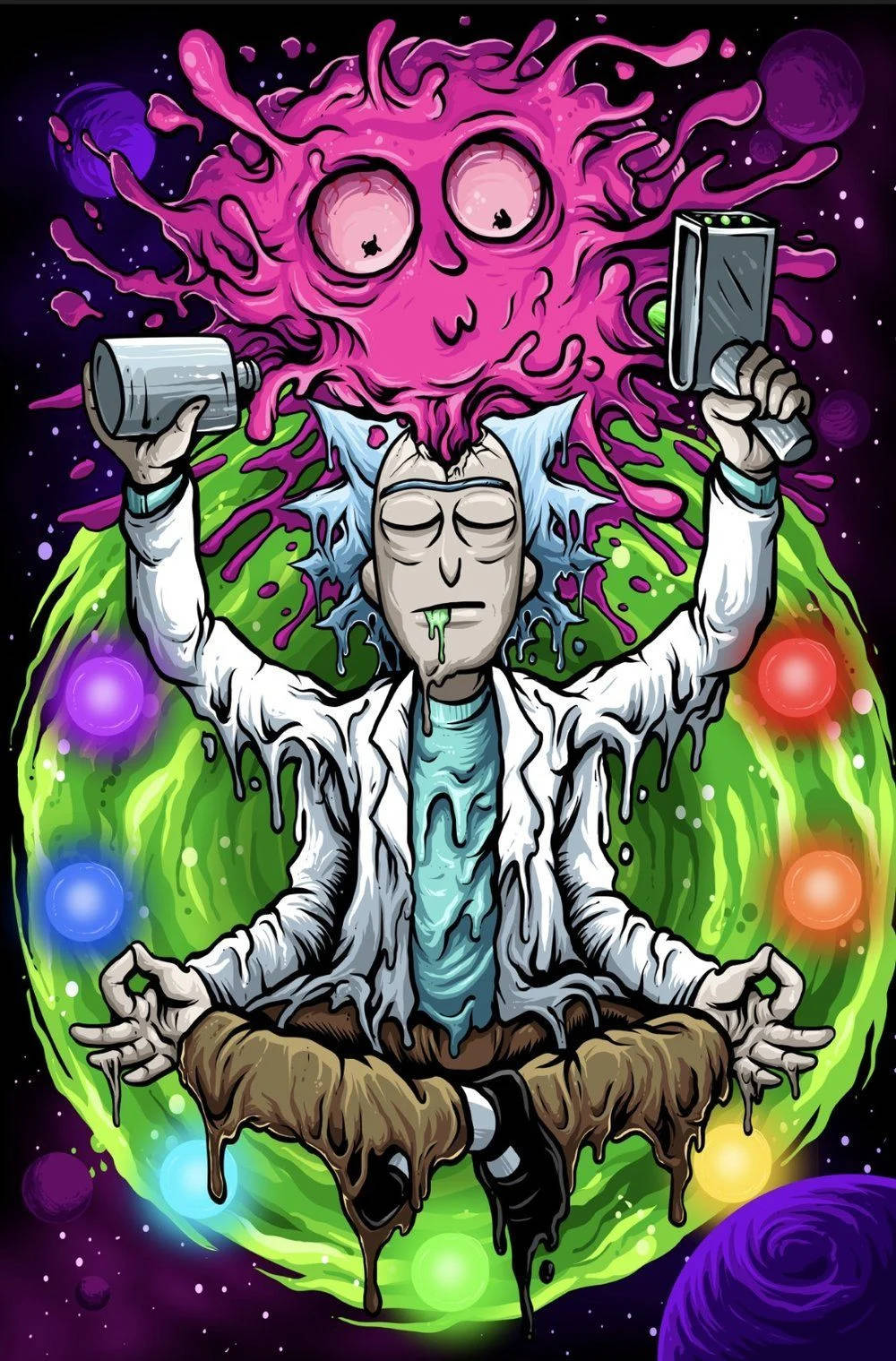 與瑞克和莫蒂一起準備起飛，體驗R&M大麻 壁紙 — 一個卡通科學家盤腿冥想，粉紅色黏液和綠色能量在他周圍的宇宙環境中旋轉。