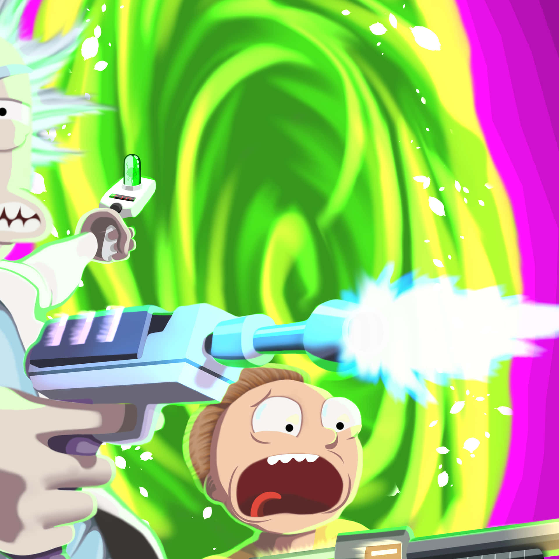 Rick Sanchez 在旋轉的傳送門中向 Morty Smith 射擊武器。