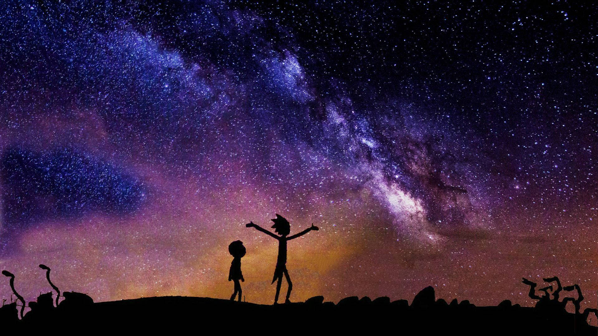 兩個孩子的剪影，背景是星空夜晚和閃耀的銀河。