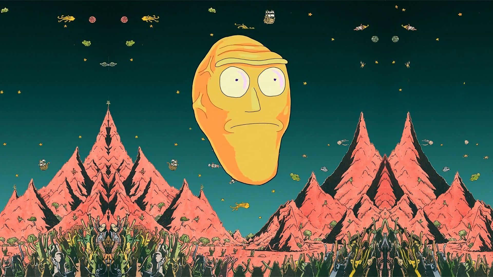 一個巨大的黃色臉龐在星空下漂浮在粉紅色的山脈之上。