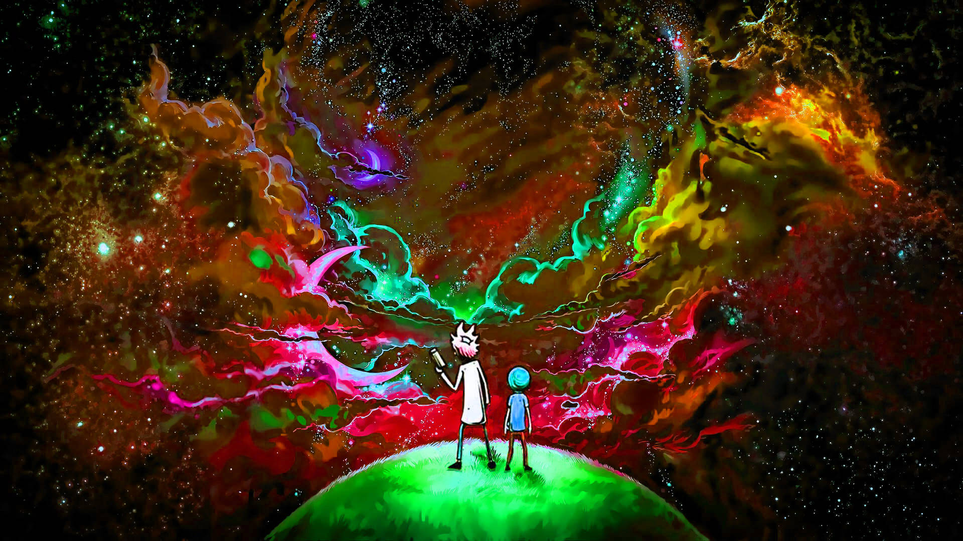 瑞克和莫蒂站在綠色星球上，下方是色彩繽紛的宇宙星雲。