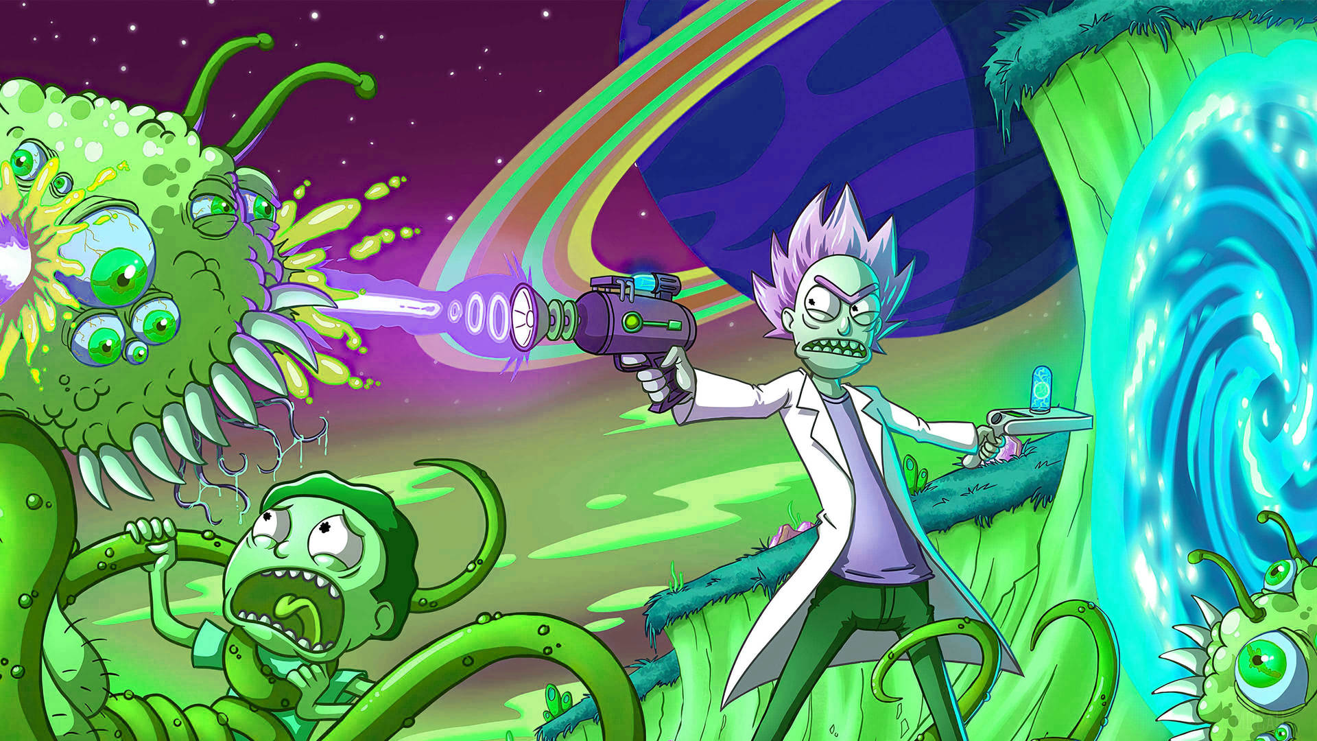 Rick Sanchez 喺有旋轉傳送門嘅宇宙場景中向綠色外星人射激光。
