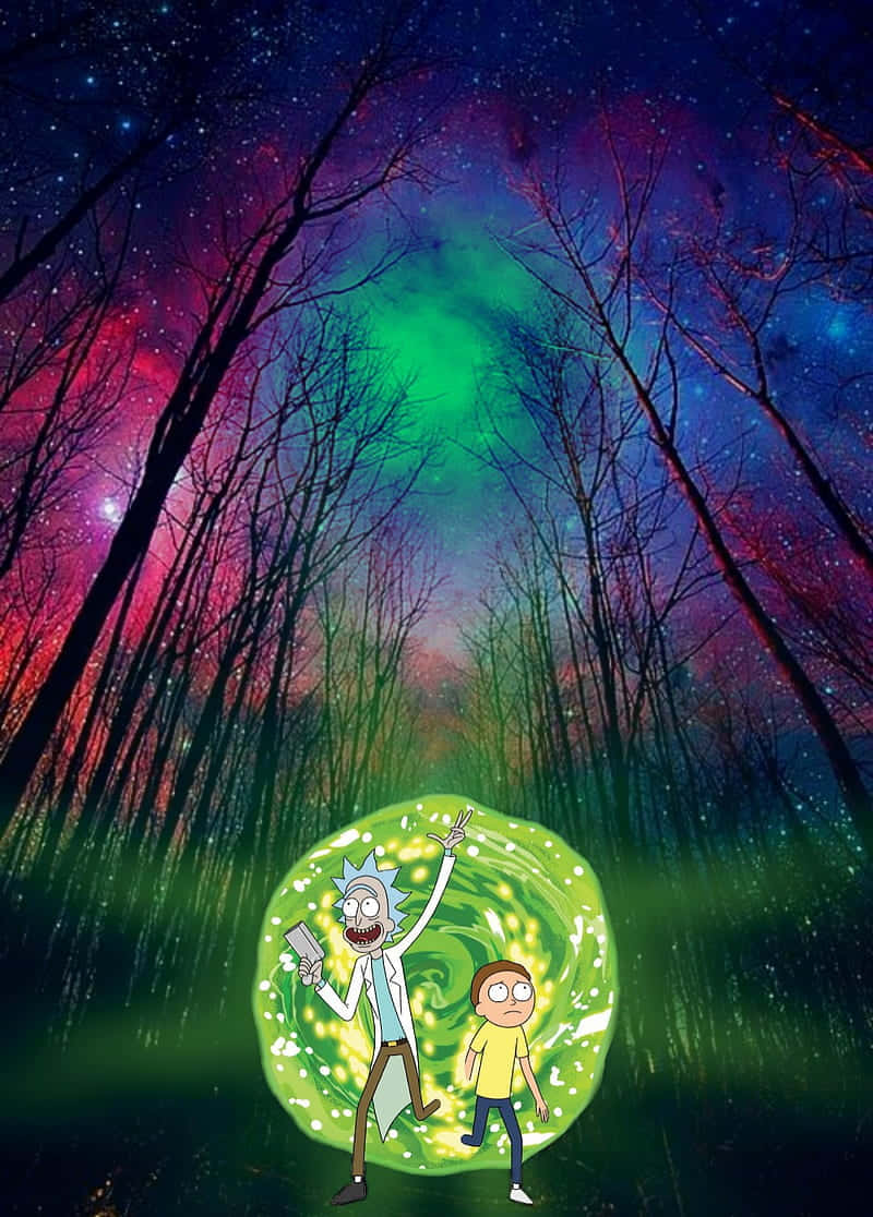 瑞克和莫蒂在森林中色彩繽紛的星空下，身處一個發光的傳送門中。