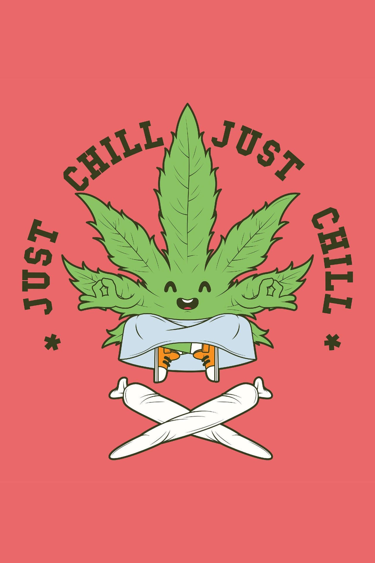 一個微笑的卡通大麻葉穿著長袍，與交叉的關節和「just chill」文字一起冥想。