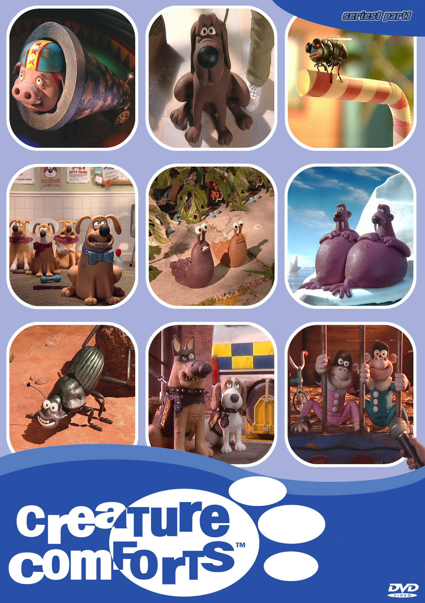 《Creature Comforts》中搞笑情境的黏土動畫動物。