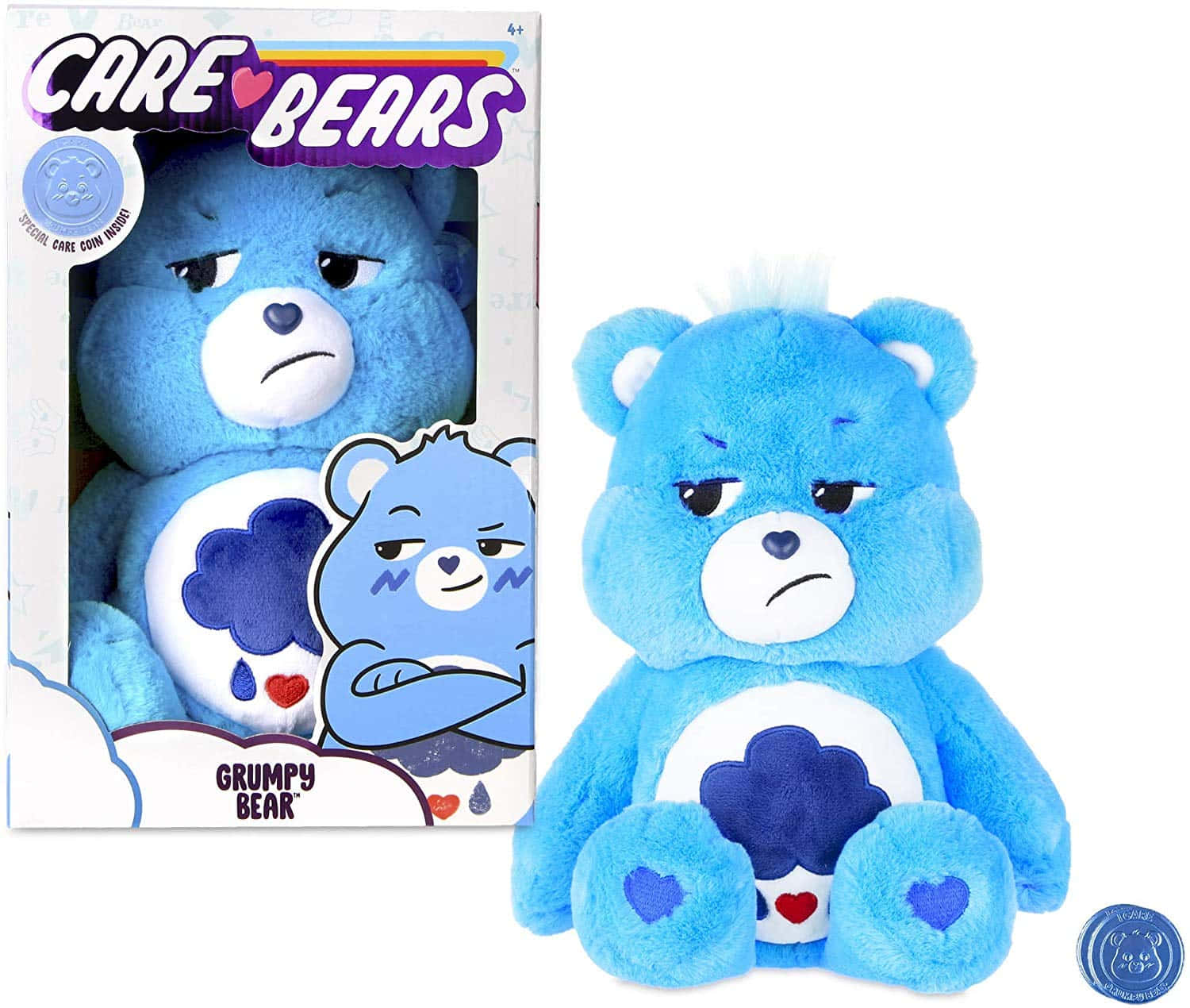 藍色毛絨Grumpy Bear玩具，帶有皺眉表情和雲朵標誌，旁邊是其品牌盒子。