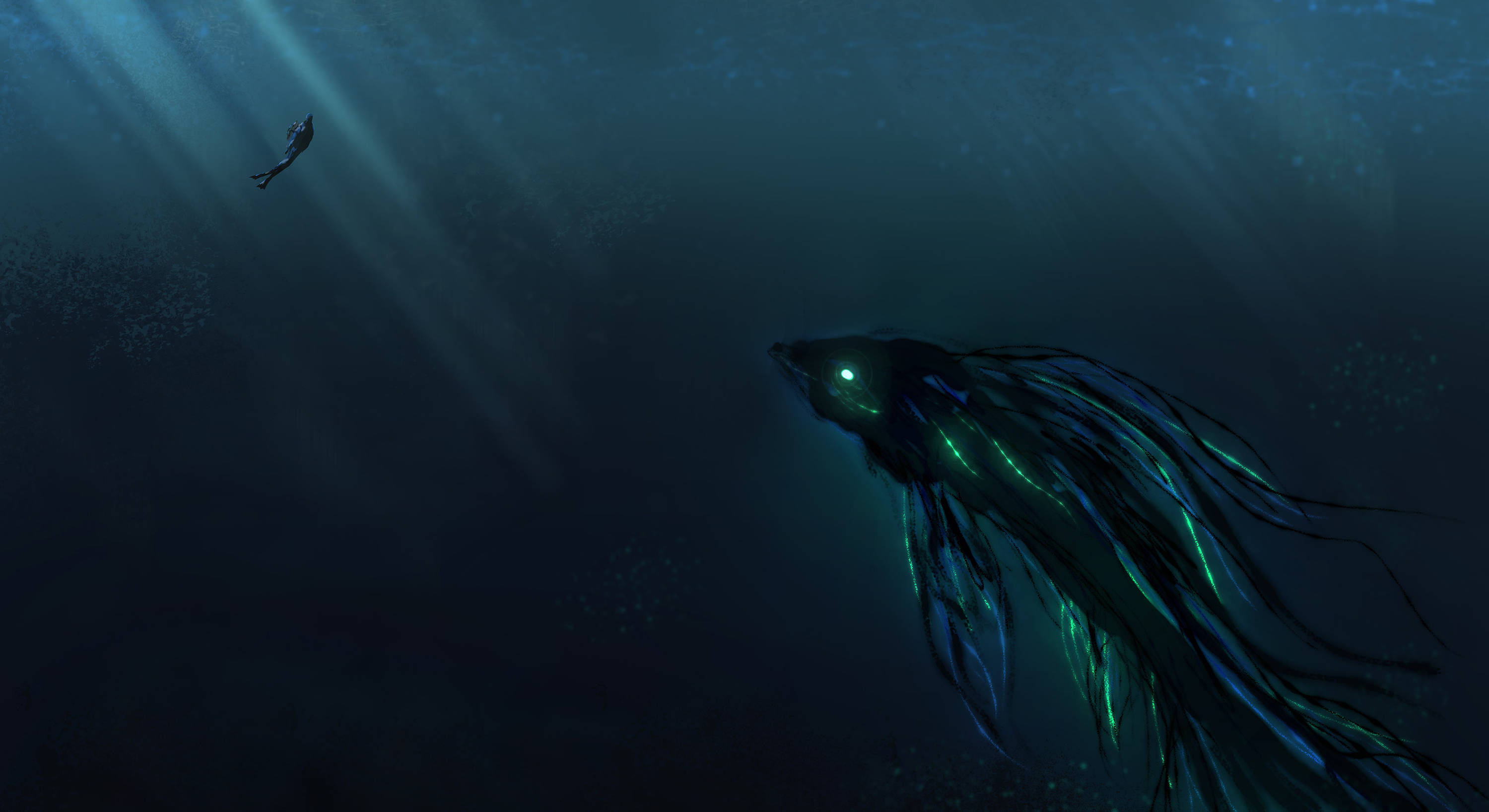 與發光海洋生物共潛 壁紙 — 一個孤獨的潛水員漂浮在深海黑暗中，一條帶有生物發光鰭的巨大發光魚在附近游動。