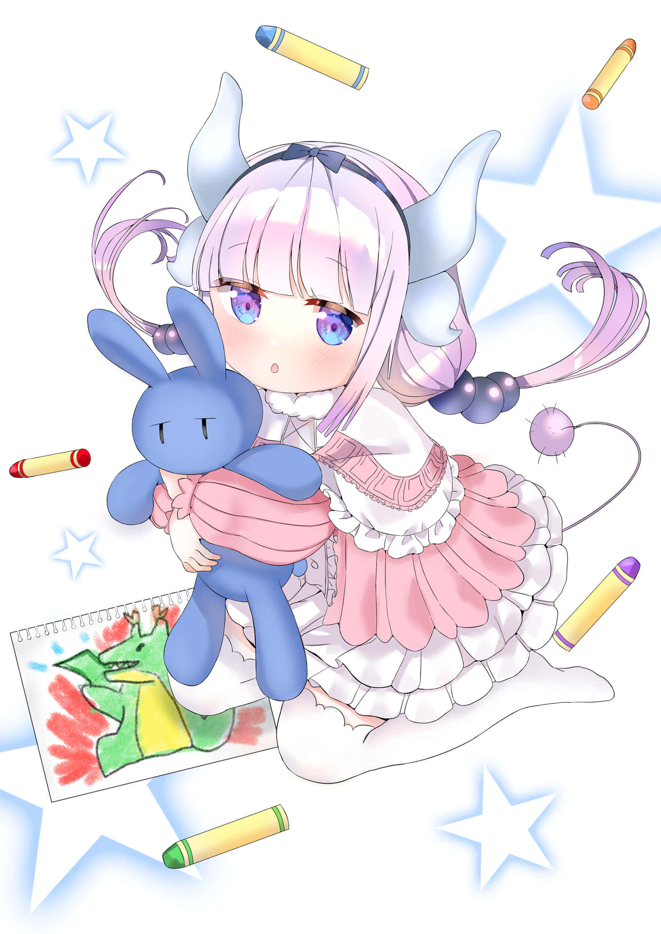 有角的動漫女孩在漂浮的蠟筆和星星中抱著藍色兔子毛絨玩具。