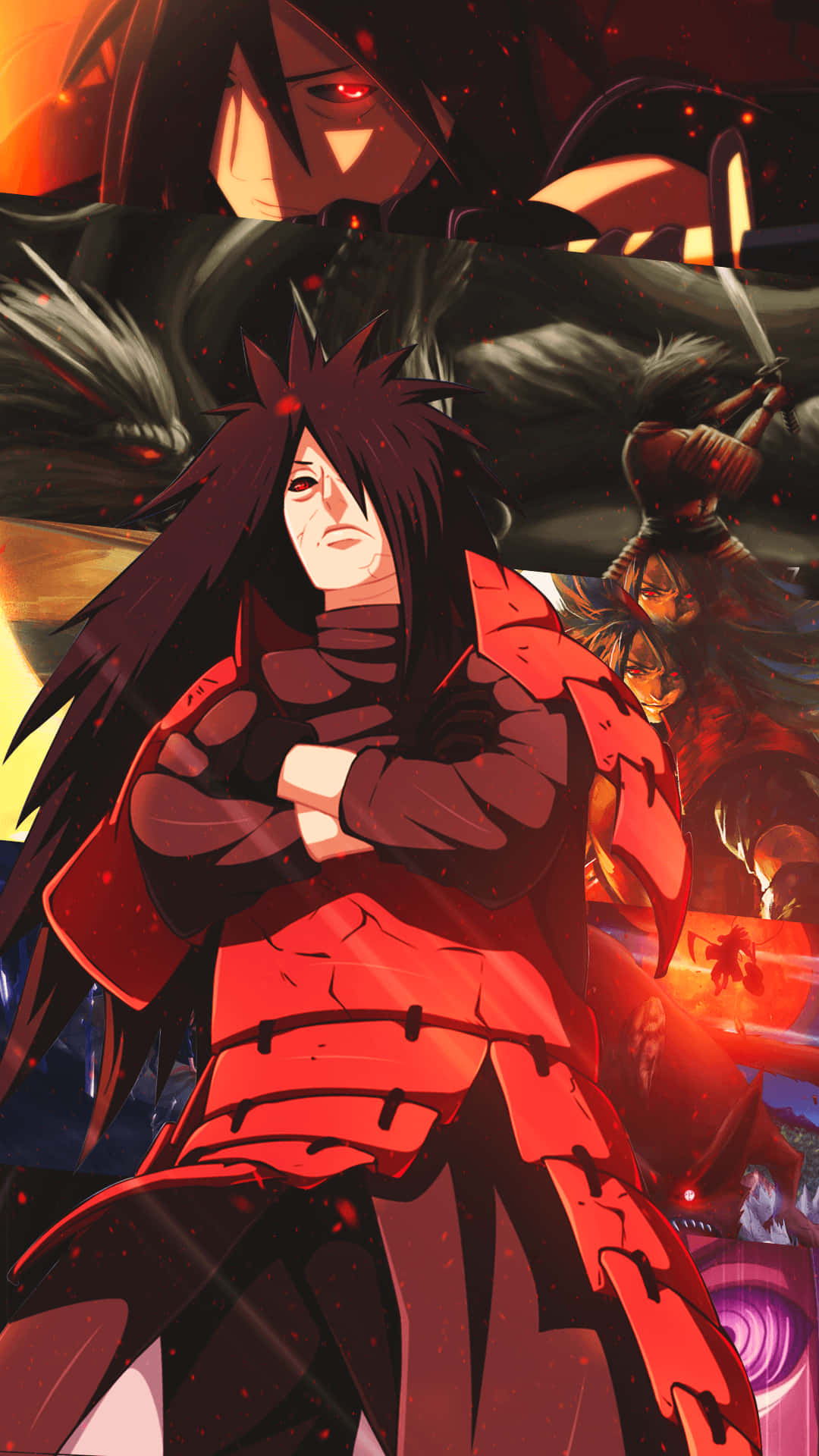 與神秘的 Madara Cool 一同放鬆沉思 壁紙 — 一個戲劇性的動漫戰士身穿紅色盔甲，交叉雙臂挑釁地站立，熾熱的紅色粒子在他周圍旋轉。