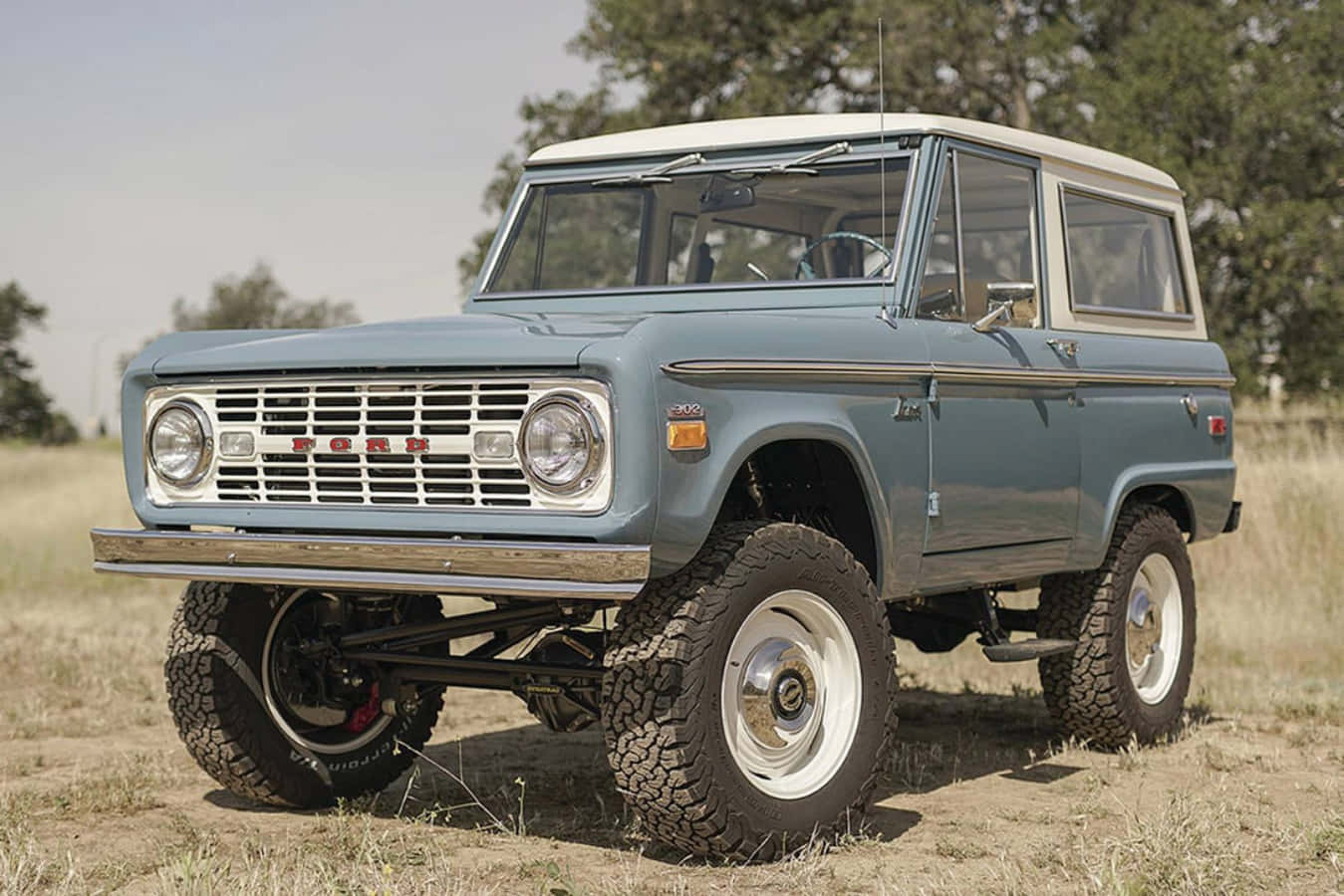經典藍色福特Bronco，白色車頂，停放在乾燥草地上