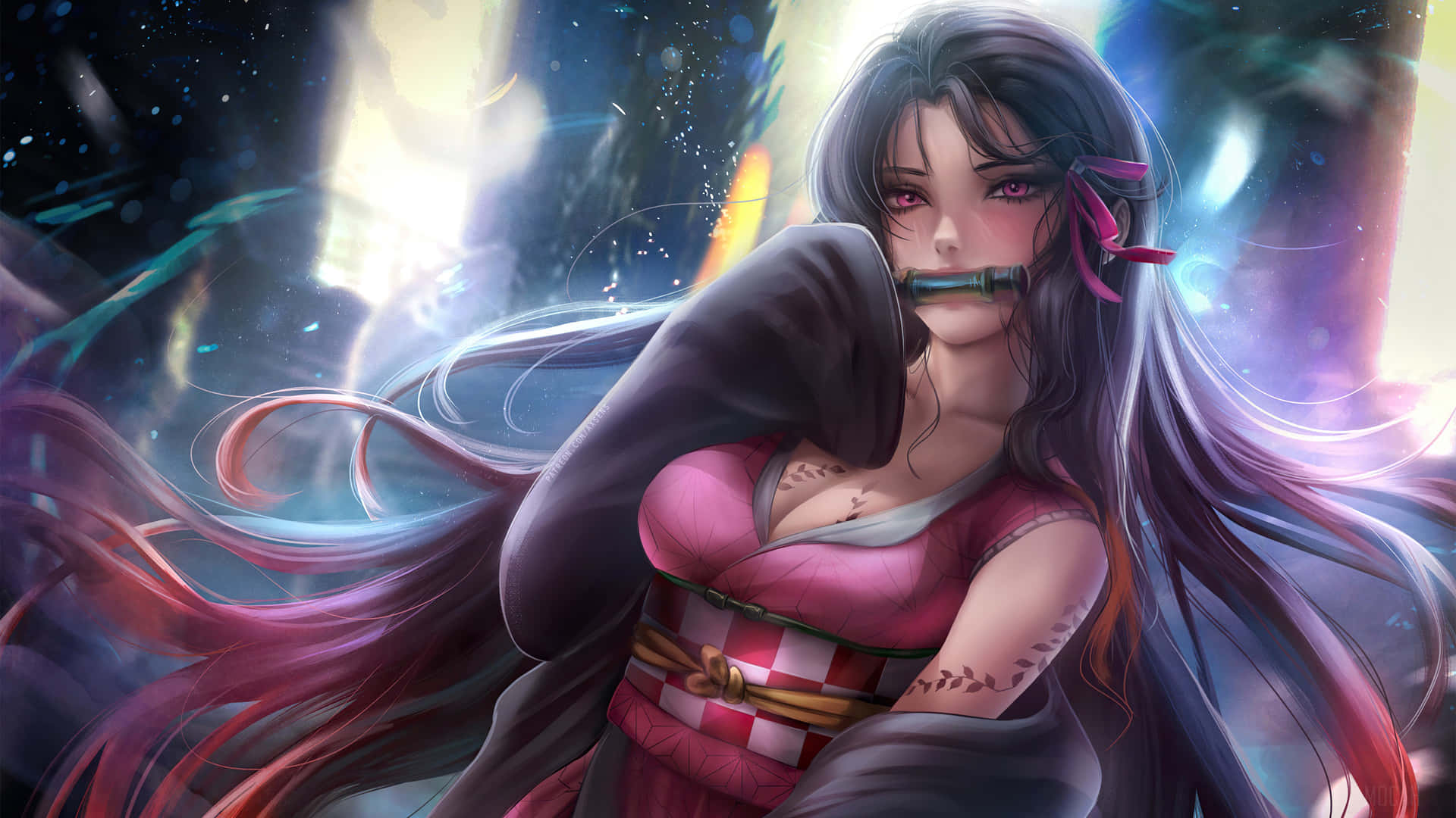 動漫女孩穿著粉紅色和服，長髮飄逸，背景為宇宙