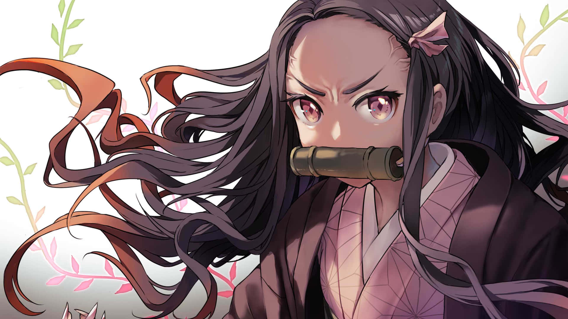 黑髮粉紅眼睛的動漫女孩在風吹拂的姿勢中手持竹管。