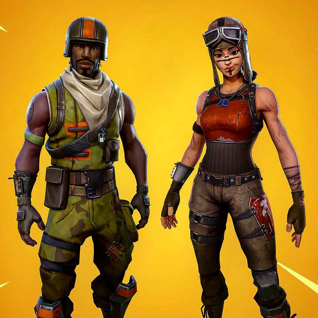 與空降突擊兵一同翱翔天際 壁紙 — 兩個身穿戰鬥裝備的Fortnite角色自信地站在充滿活力的黃色背景前。