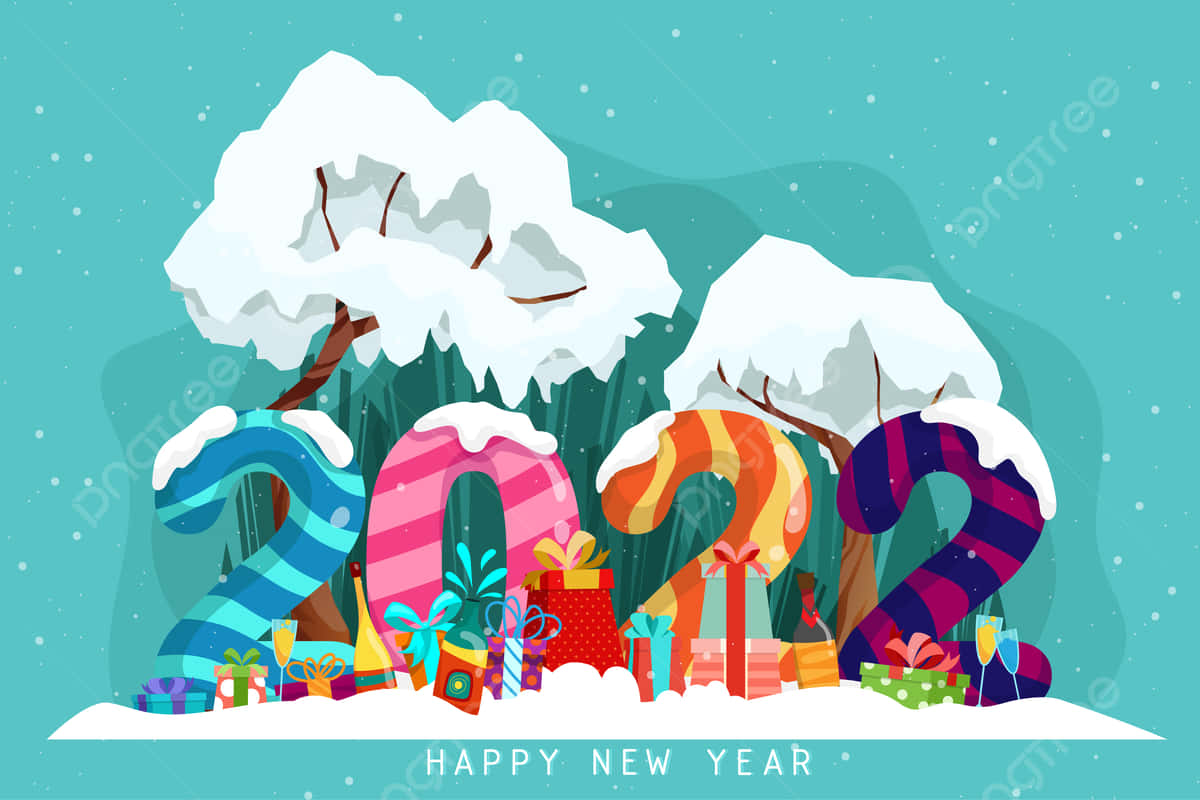 帶有雪、禮物和樹木的節日2022新年插圖。