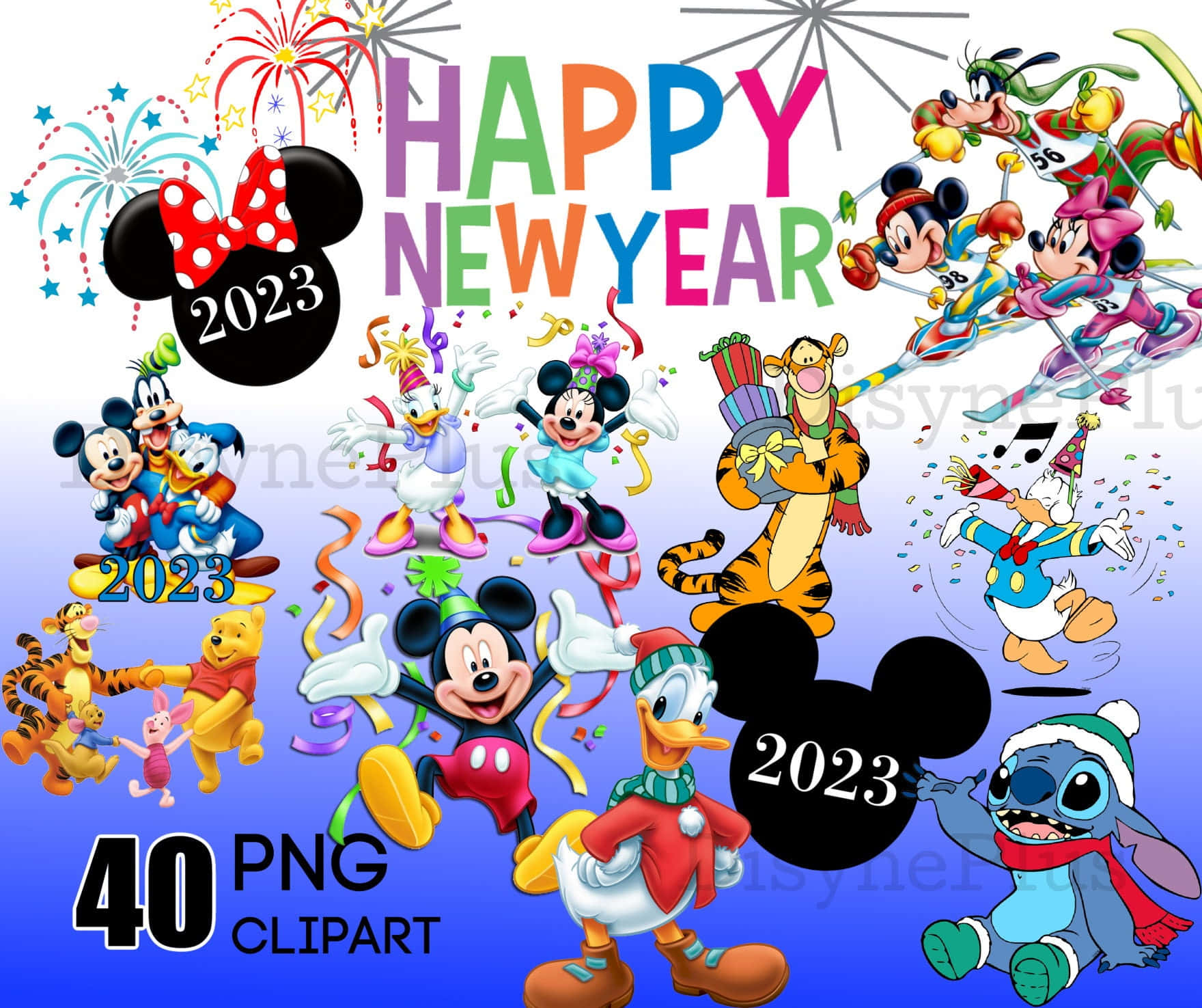 穿著節日服裝的迪士尼角色以煙花和五彩紙屑慶祝2023年新年。