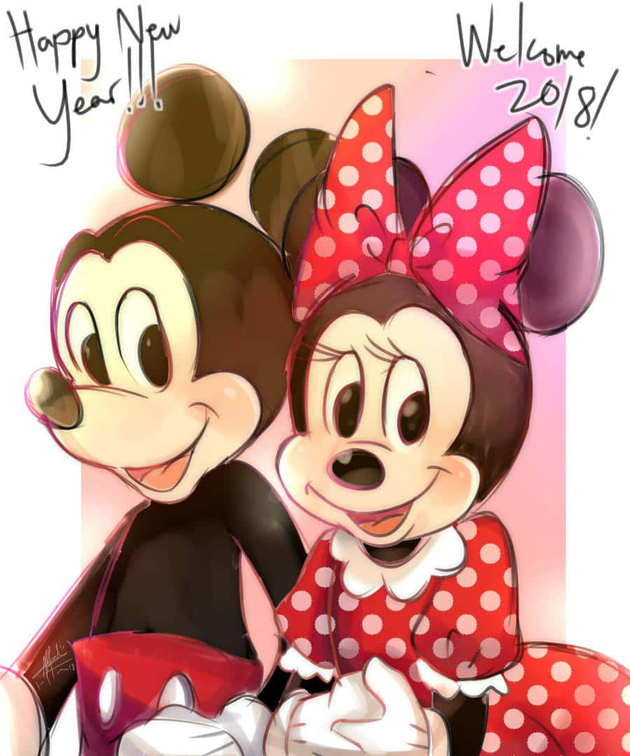 米奇和米妮老鼠微笑，帶有「Happy New Year」和「Welcome 2018」文字。