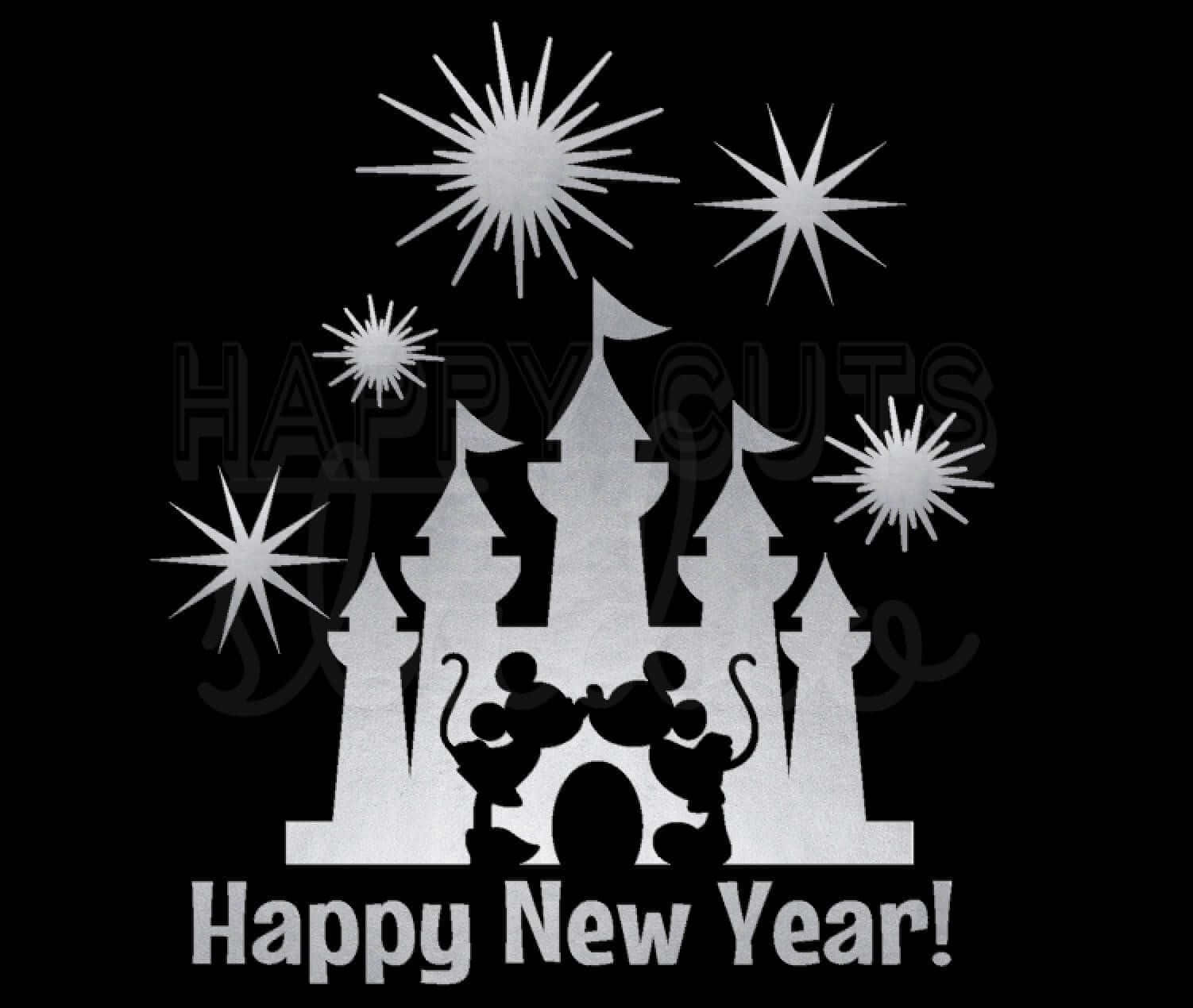 米奇和米妮老鼠在煙花下接吻，背景有城堡和Happy New Year文字。