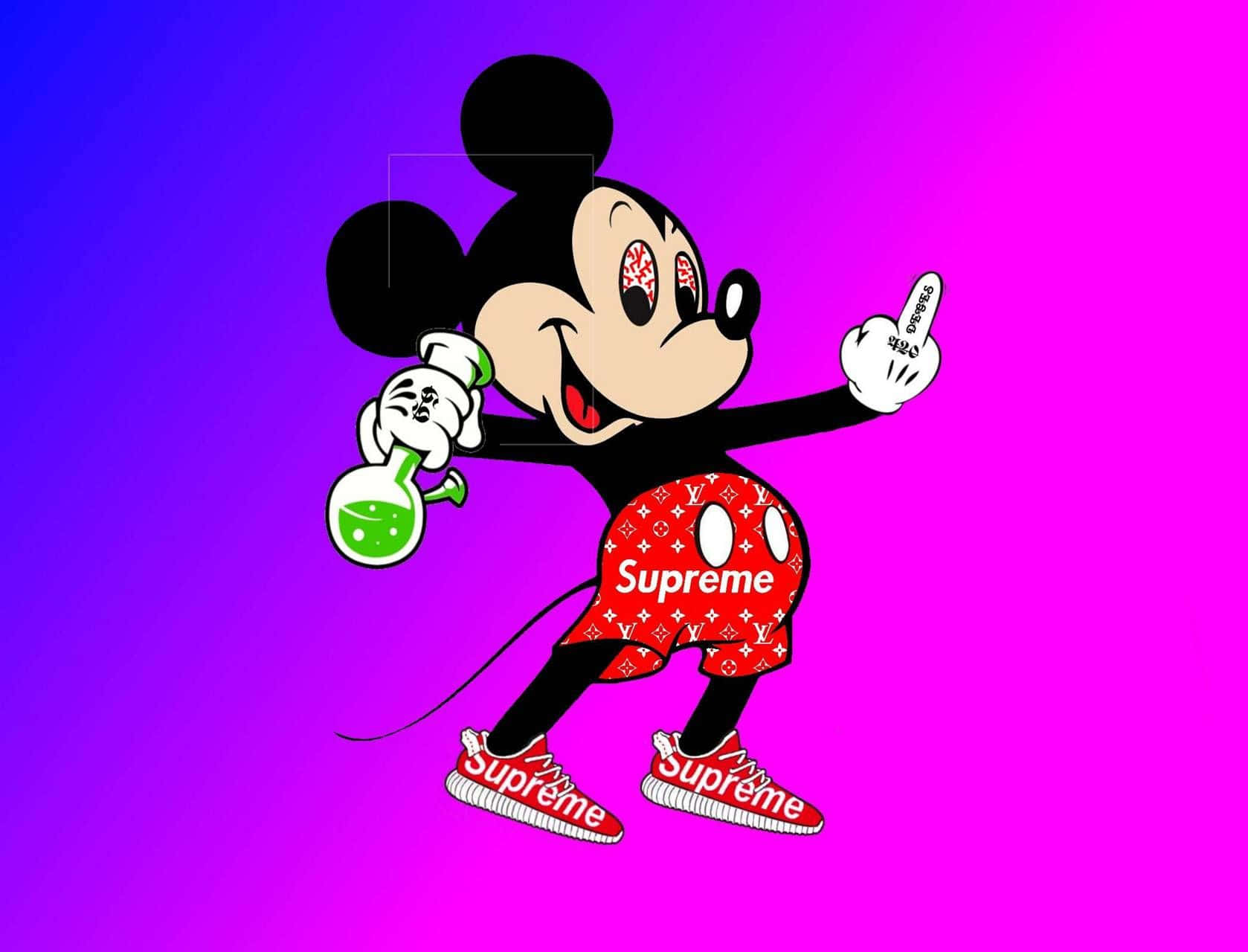 米奇老鼠穿著Supreme裝備，手持藥水並向鏡頭豎起中指。