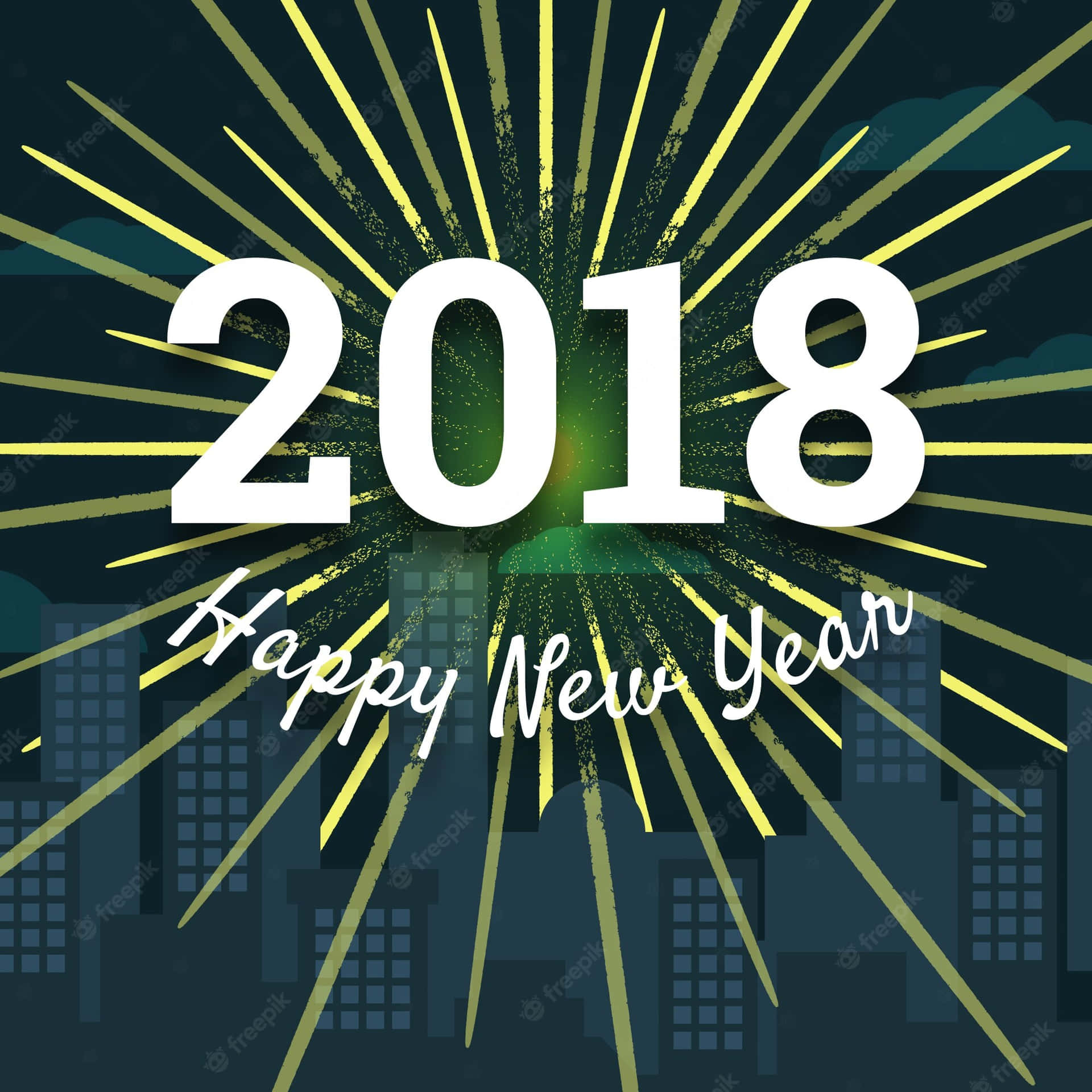 新年快樂2018圖形，金色光線照射在夜晚的城市景觀上。