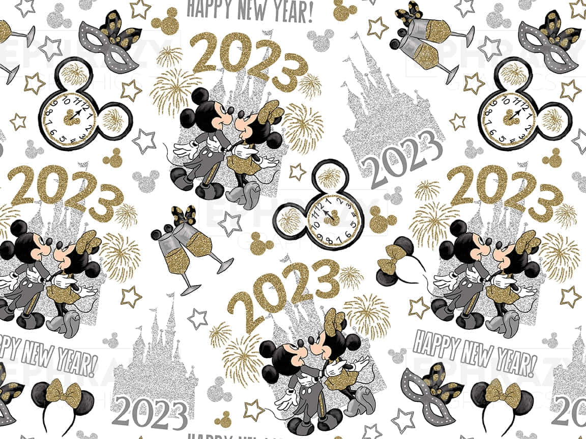 米奇和米妮在新年圖案中與香檳和城堡親吻。