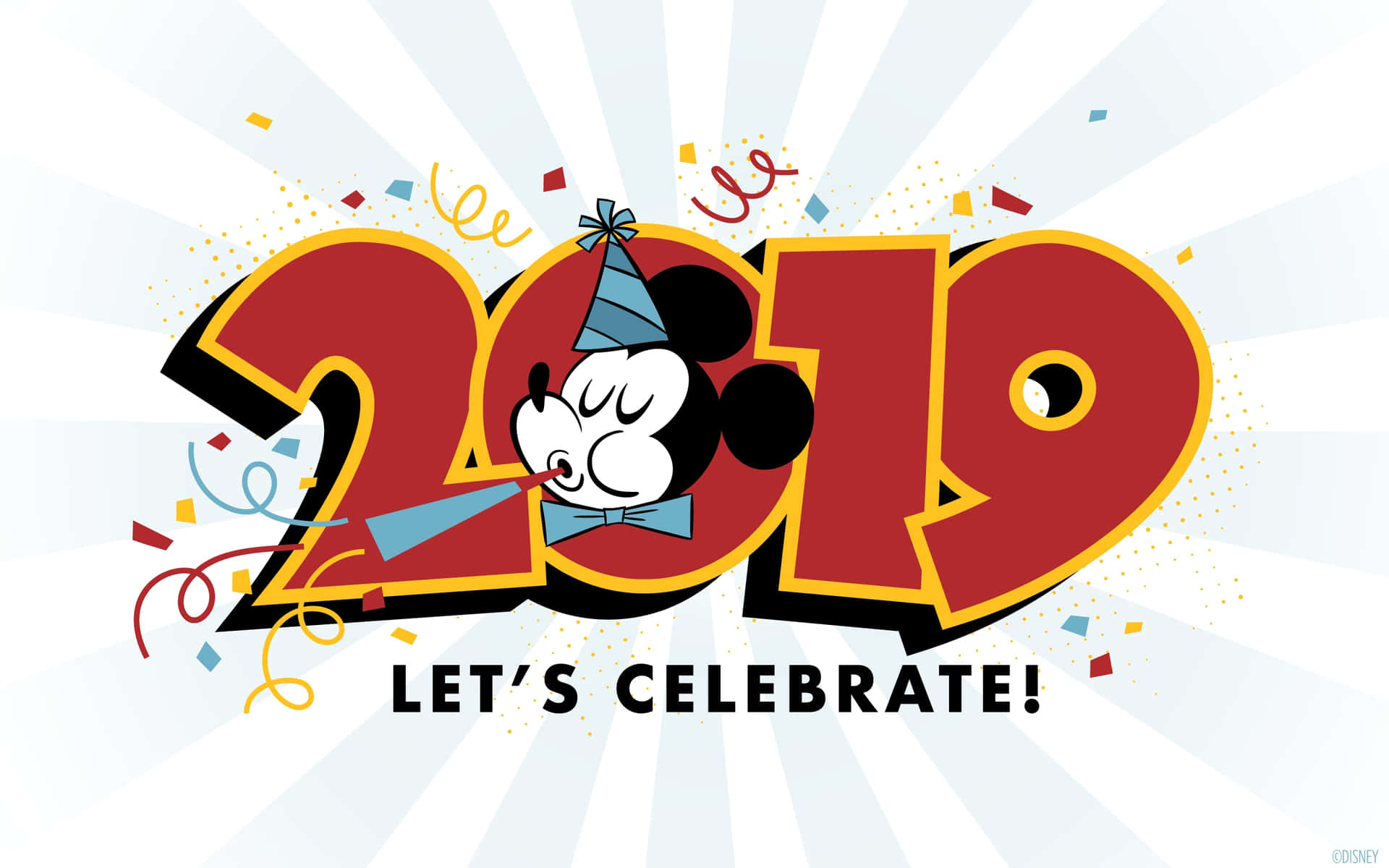 米奇老鼠喺紅色2019入面吹喇叭，伴有紙碎