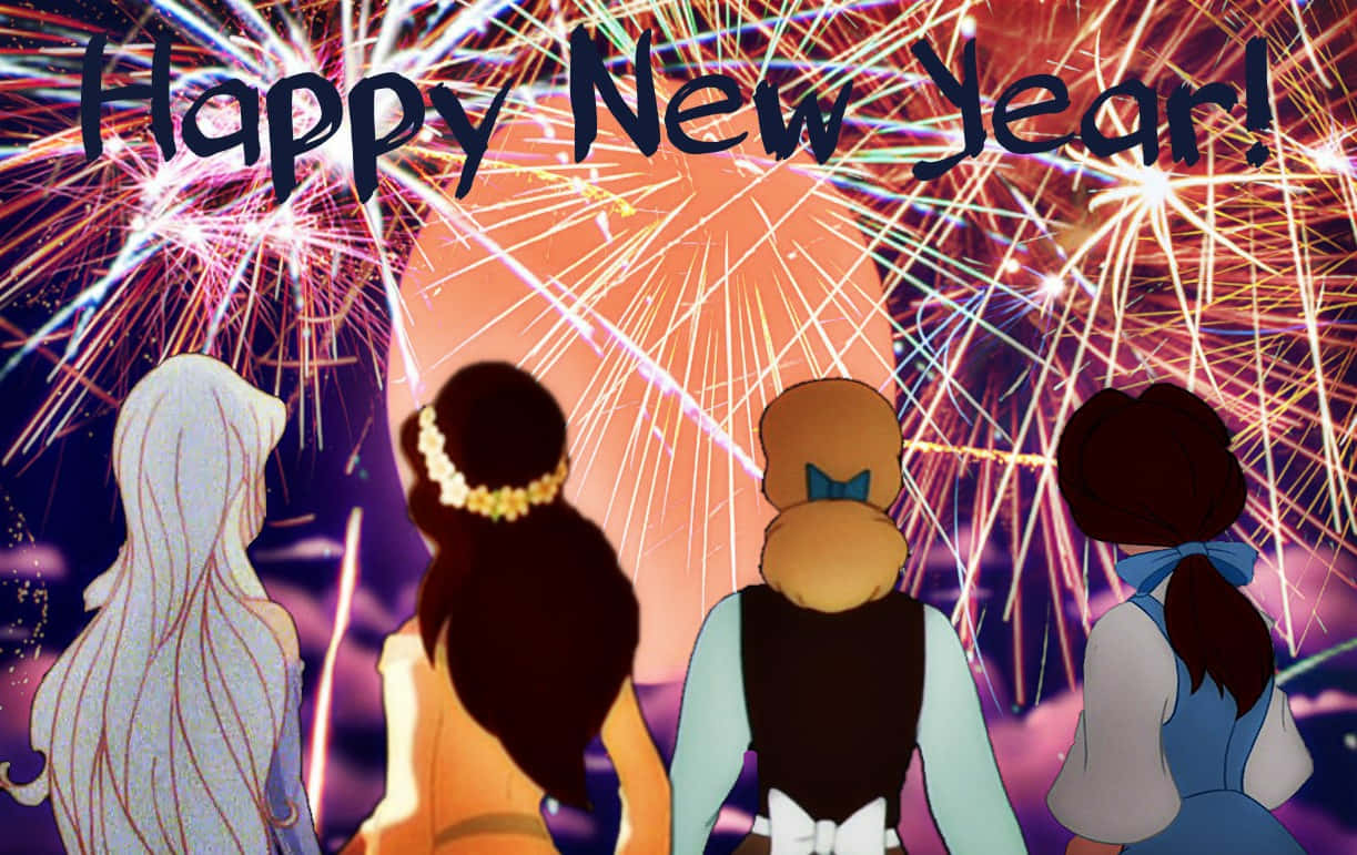 四個動漫女孩在夜晚觀看煙花慶祝新年。