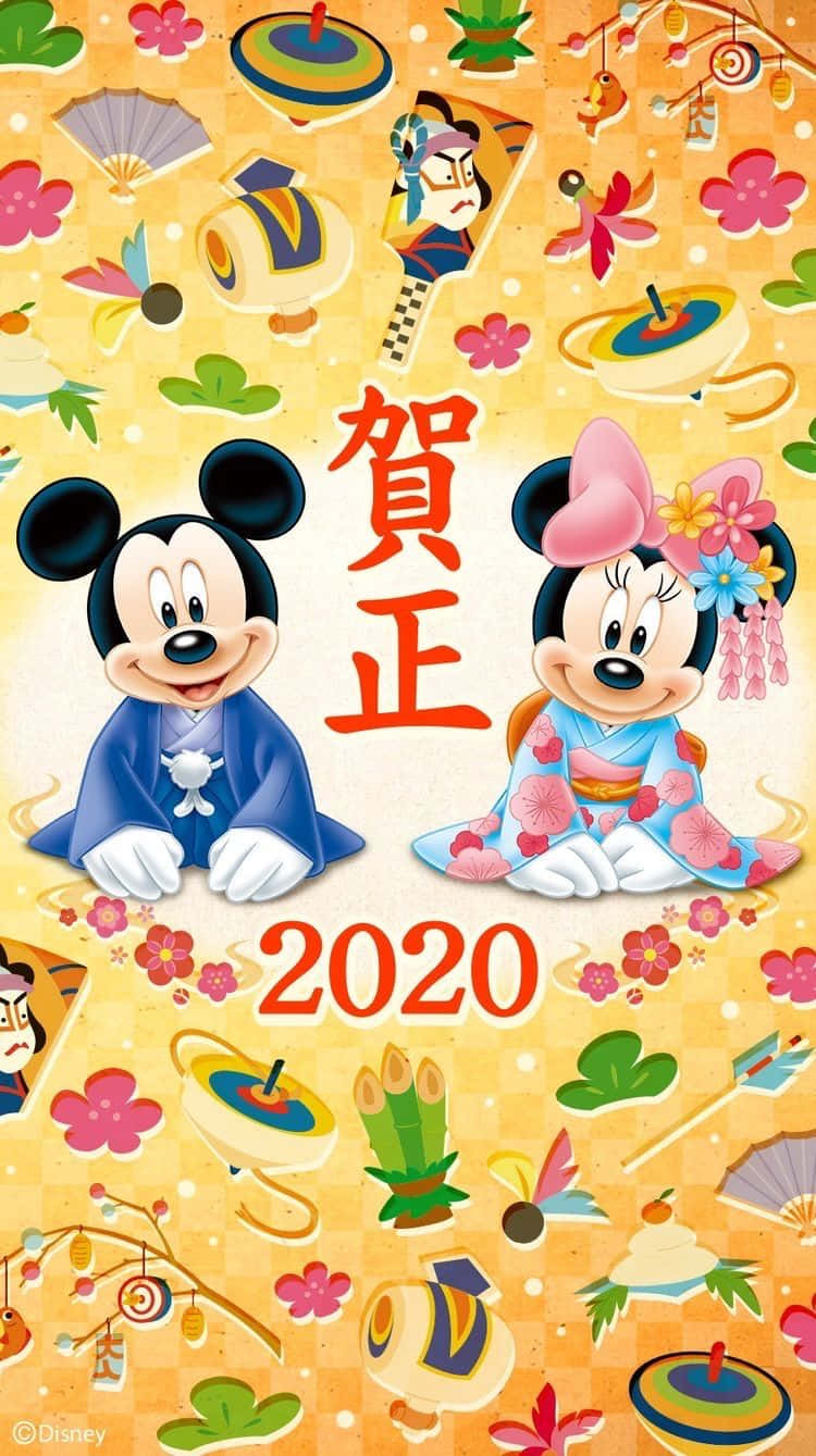 米奇和米妮穿著和服，以櫻花和傳統物品慶祝日本新年。