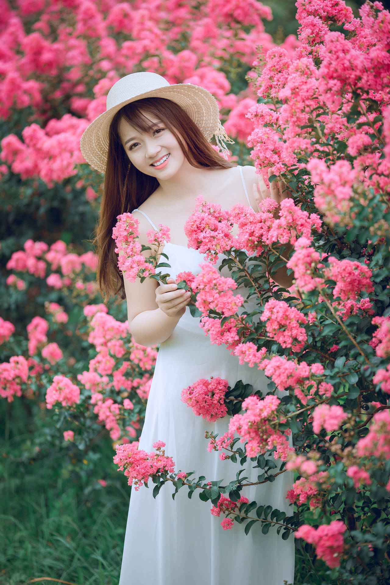穿白色連衣裙和草帽的女人在粉紅色開花灌木叢中微笑。