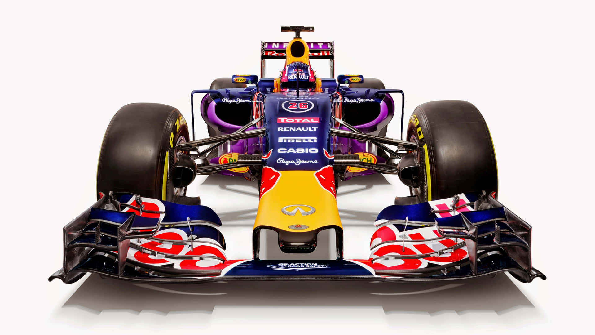 Red Bull Racing 一級方程式賽車在影樓燈光下展示贊助商標誌。