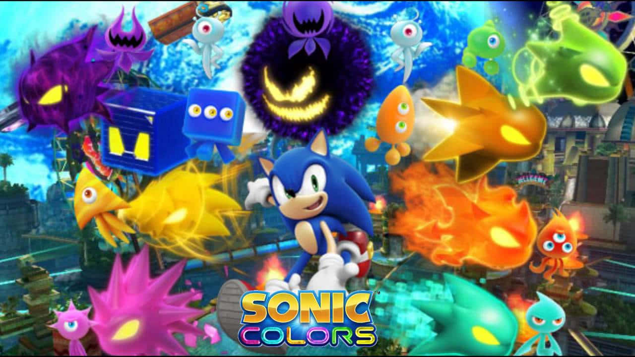 Sonic the Hedgehog 在電子遊戲場景中被色彩繽紛的敵人包圍。