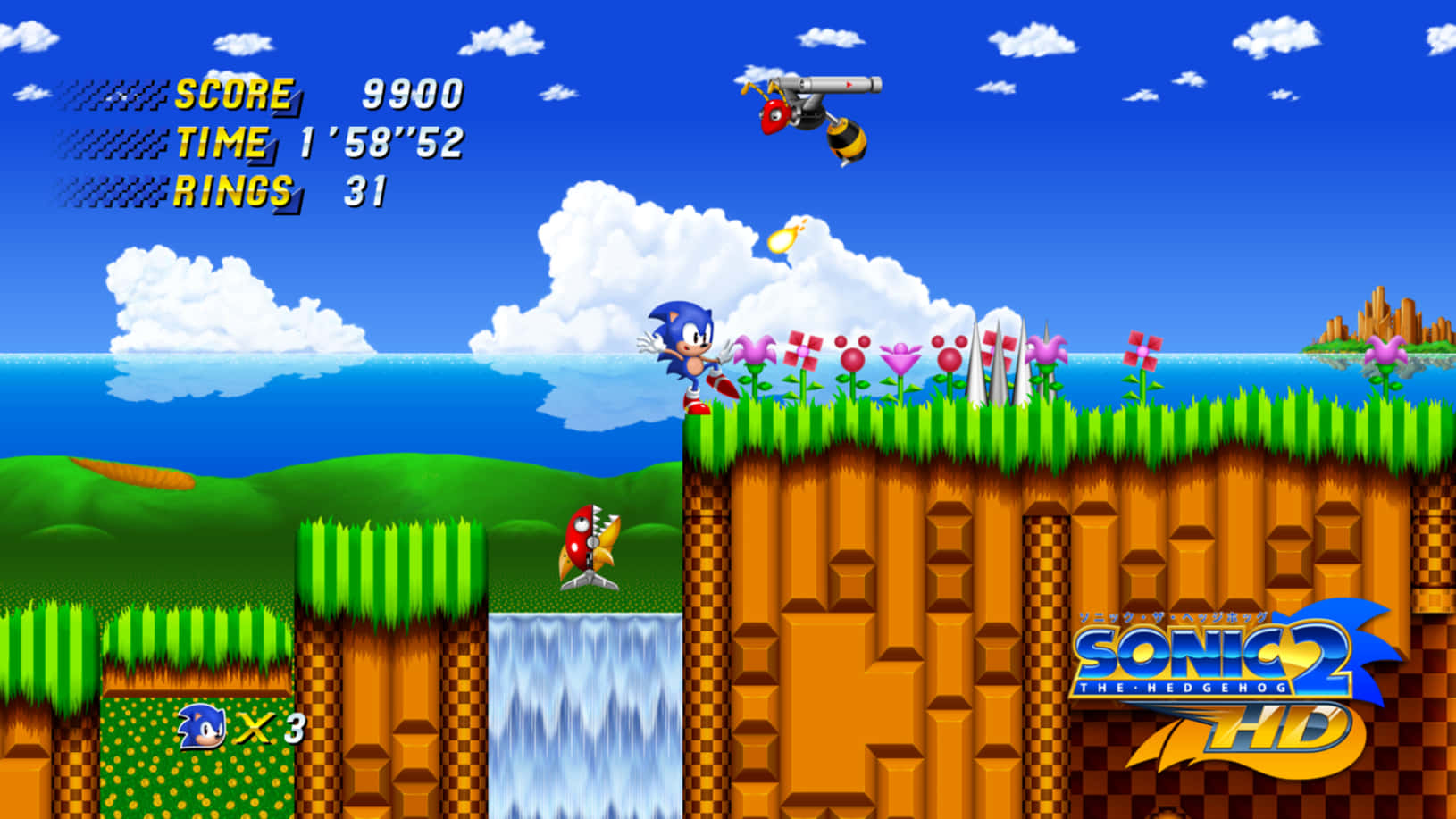 Sonic the Hedgehog 喺有花朵同瀑布嘅草坡懸崖上奔跑。