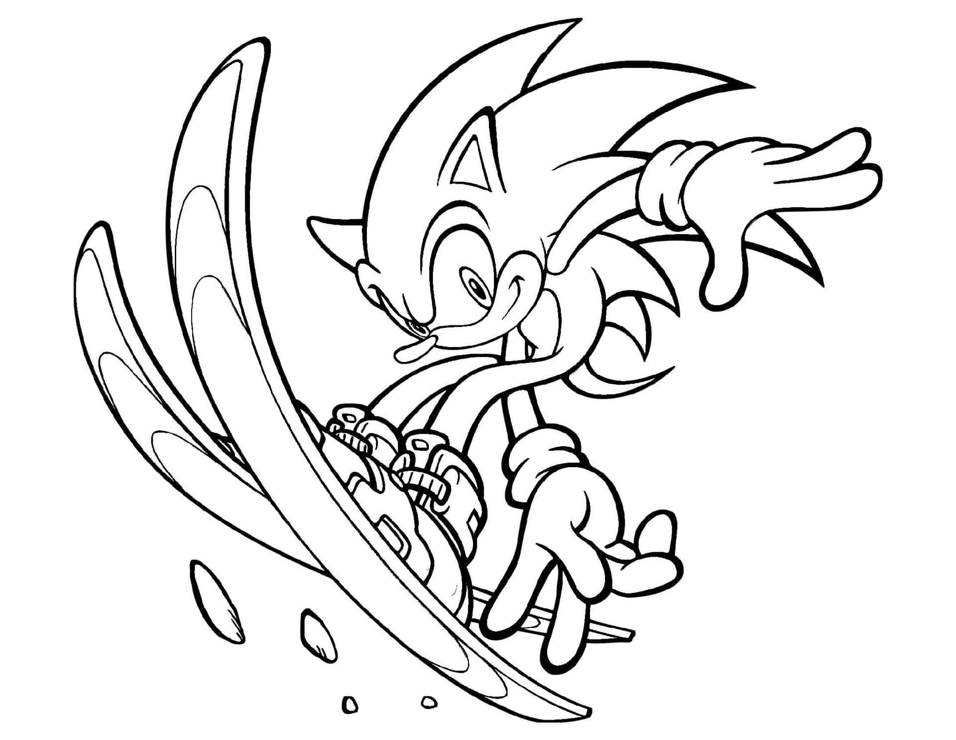 Sonic the Hedgehog 在黑白線條畫中快速奔跑。