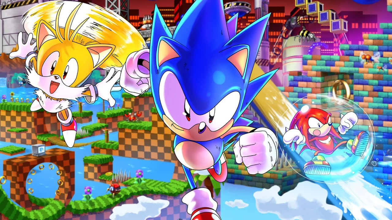 Sonic、Tails 和 Knuckles 在色彩繽紛的電玩關卡中競速。