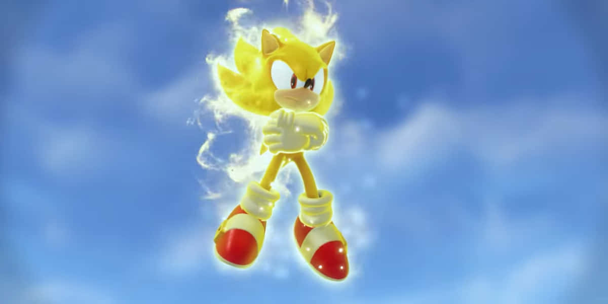 金色嘅Sonic the Hedgehog喺藍天白雲中漂浮