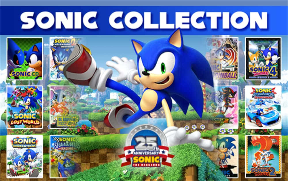 Sonic the Hedgehog 慶祝25週年，背景有遊戲封面。