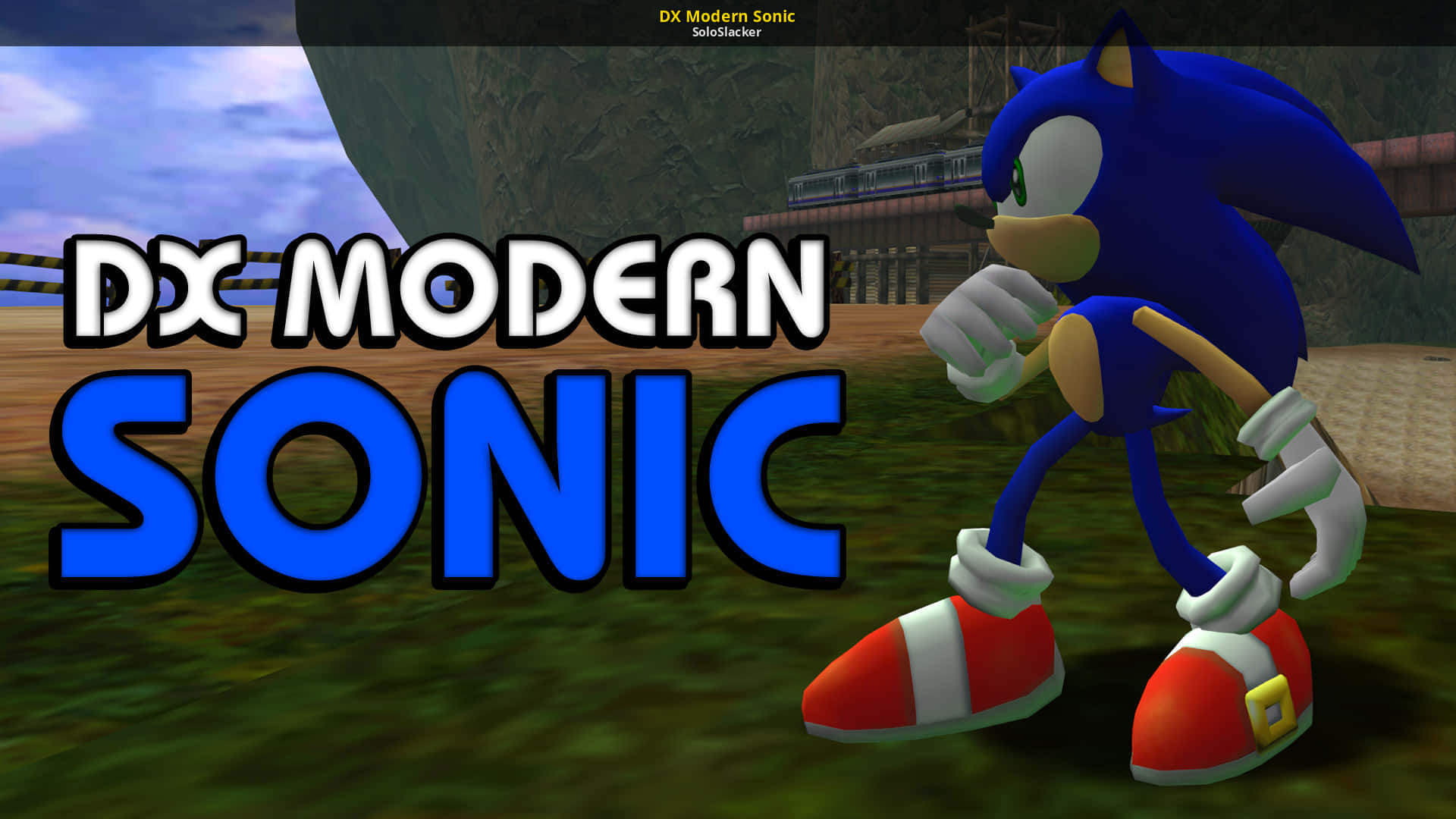 Sonic the Hedgehog 在 3D 渲染的遊戲場景中奔跑，帶有文字疊加。
