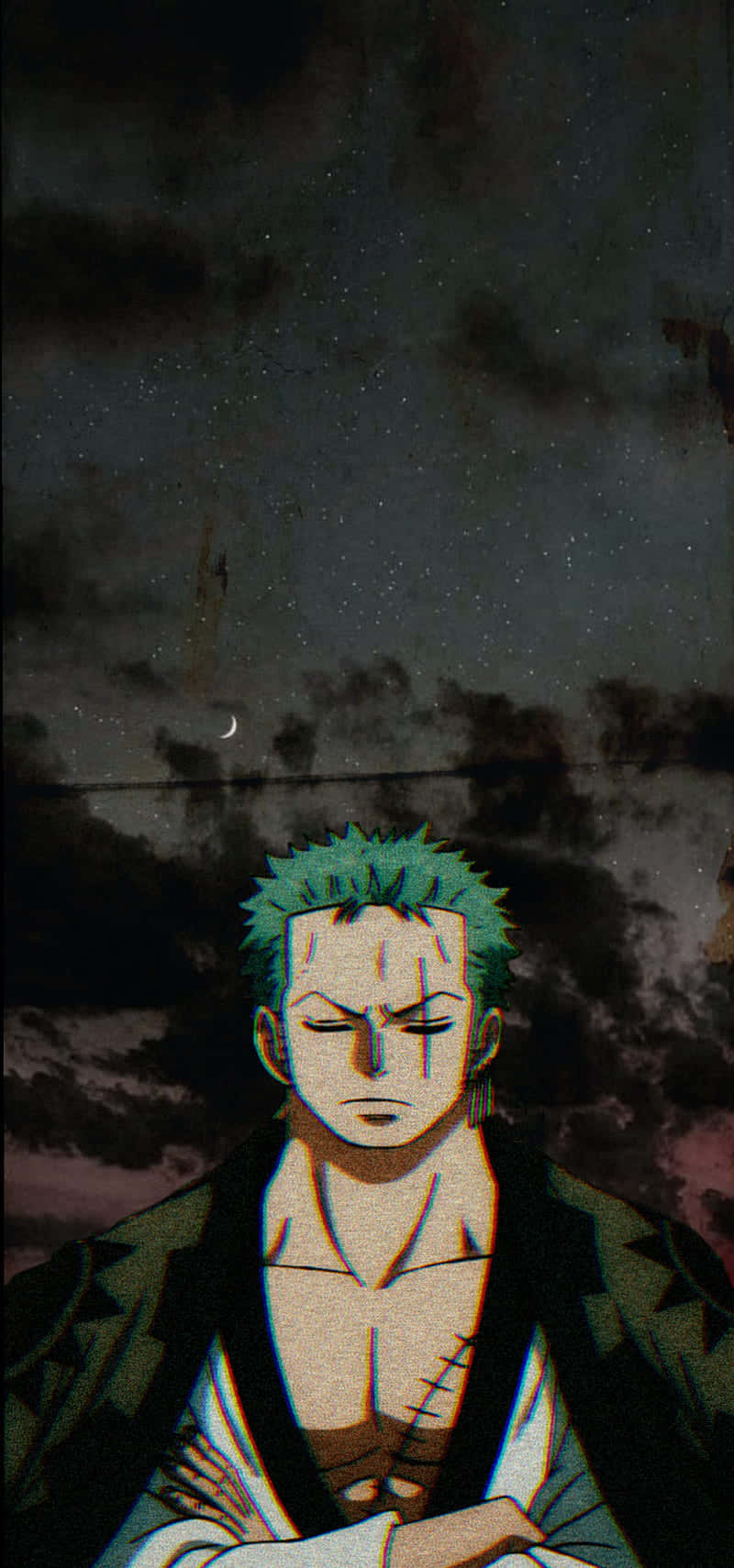 綠色頭髮的動漫角色，站在有彎月的星空下。