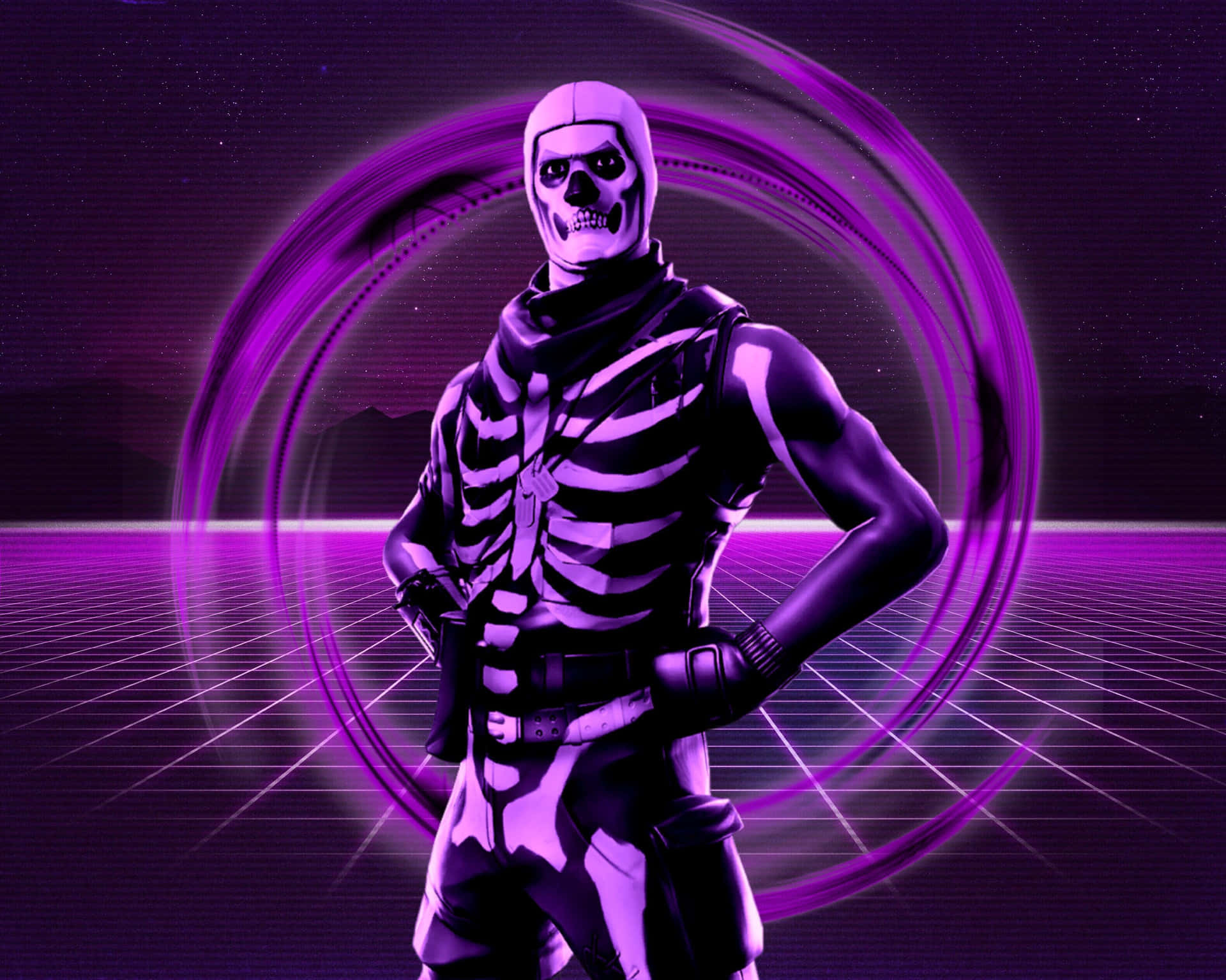 骷髏般的Fortnite角色在霓虹紫色賽博朋克場景中，帶有發光的環和網格地板。