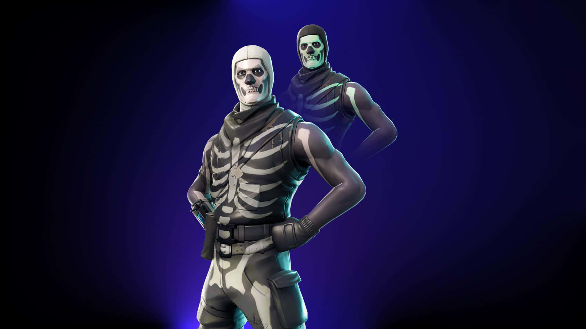 兩個Fortnite骷髏角色擺出帶有發光藍色點綴的姿勢。