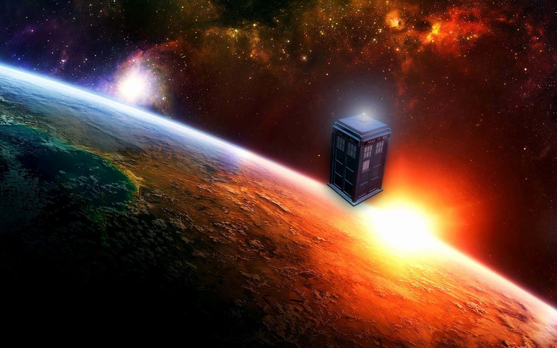 藍色警察亭在太空中漂流，位於一個色彩繽紛的行星上方，有發光星雲。