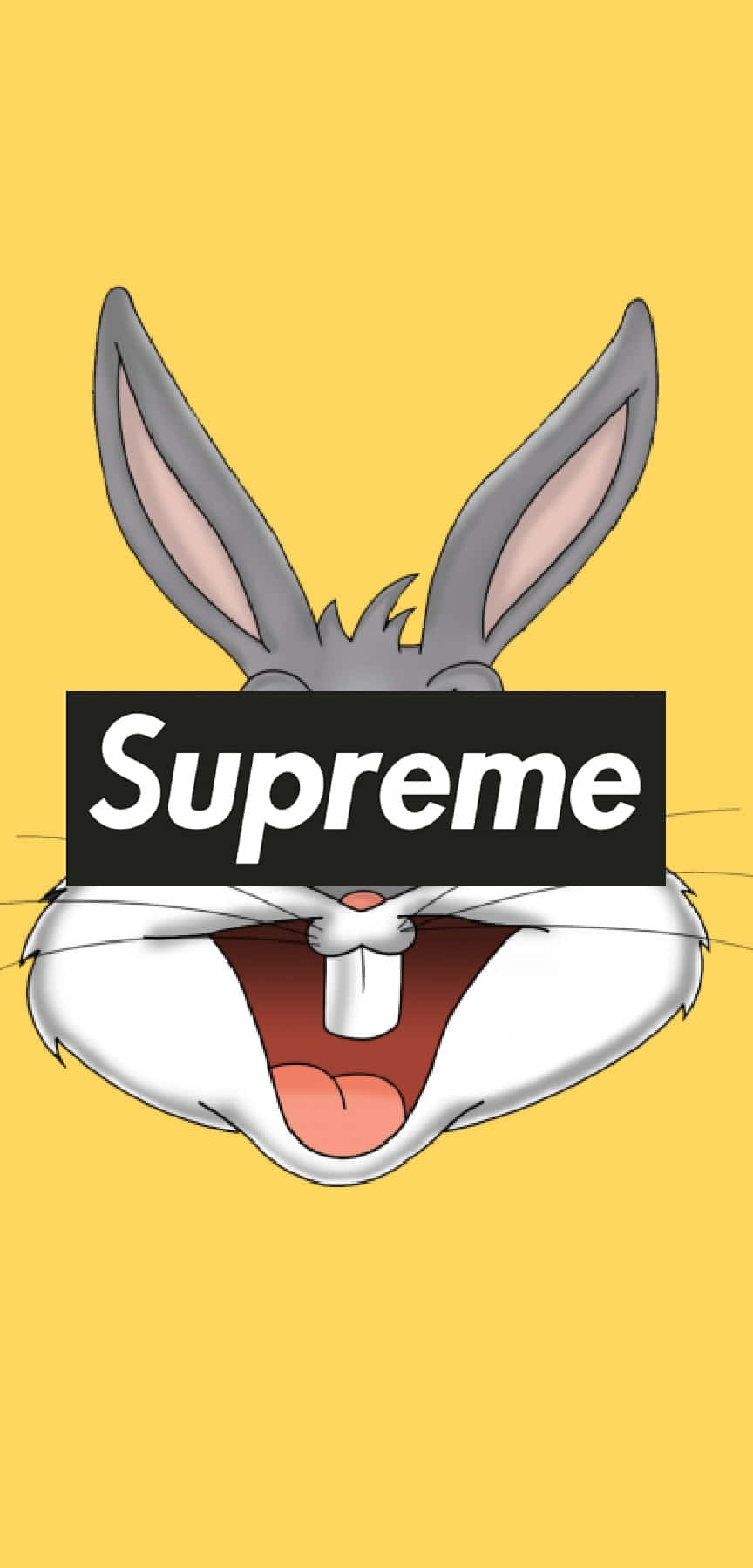 賓尼兔對眼上面有Supreme標誌，背景係黃色。