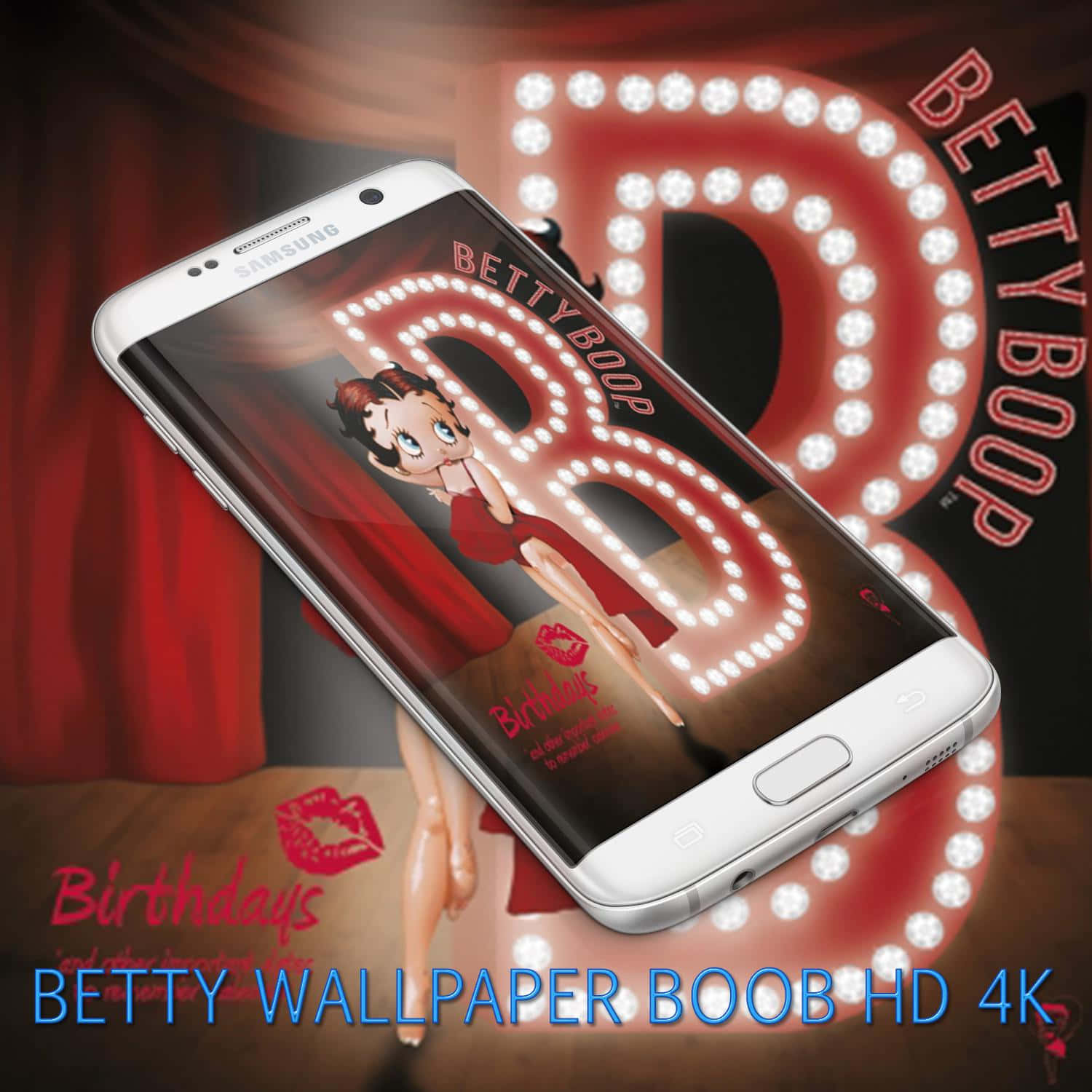 白色Samsung手機顯示Betty Boop生日壁紙，配有紅色窗簾和發光招牌。