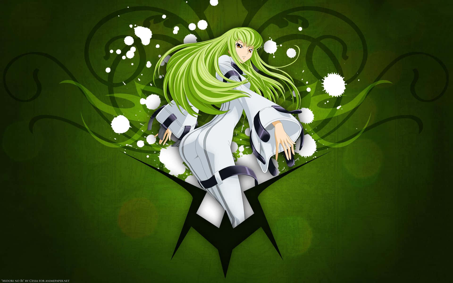 長綠髮的動漫女孩穿著白色服裝，被綠色漩渦和白色花朵包圍。