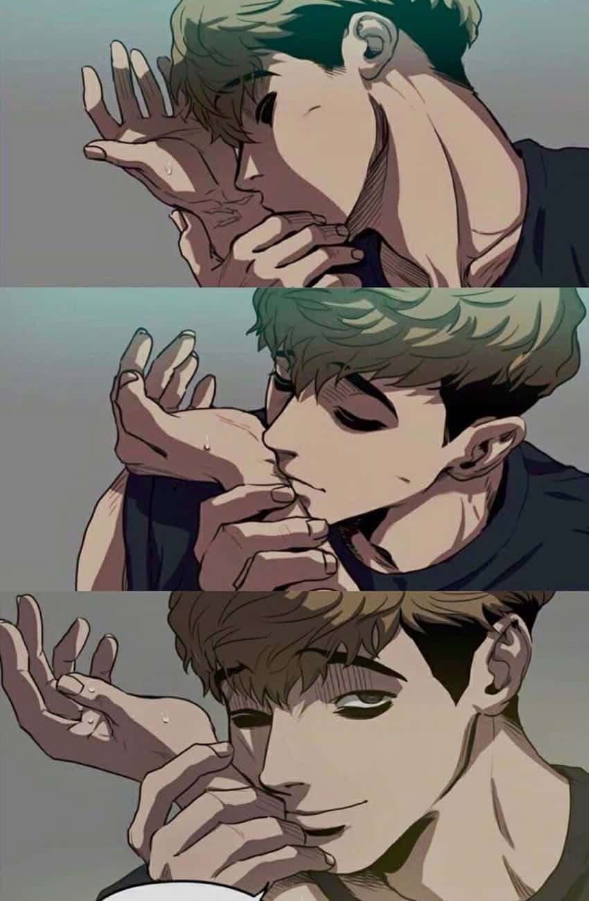 一個男人溫柔地親吻一隻帶淚的手，分為三個情感動漫面板。