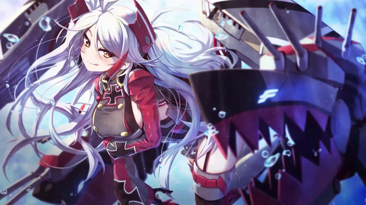 長白髮紅衣動漫女孩在水下與戰艦和氣泡相伴。