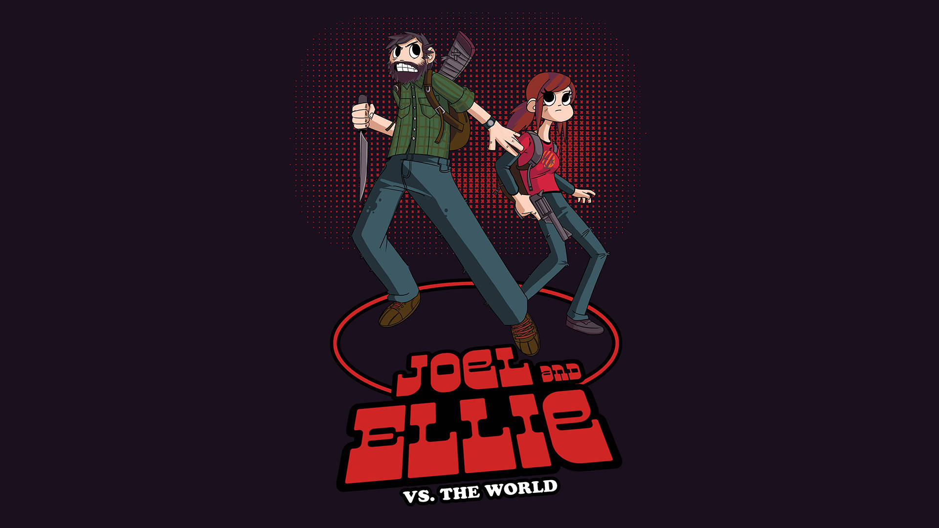Joel 和 Ellie 在黑暗背景中手持武器奔跑，帶有紅色文字。